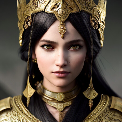One of the few concept designs of a warrior goddess, dressed in gold.