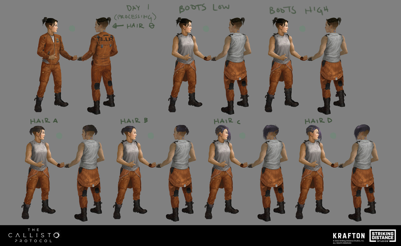 Final Dani prisoner outfit concept with hairstyle options.