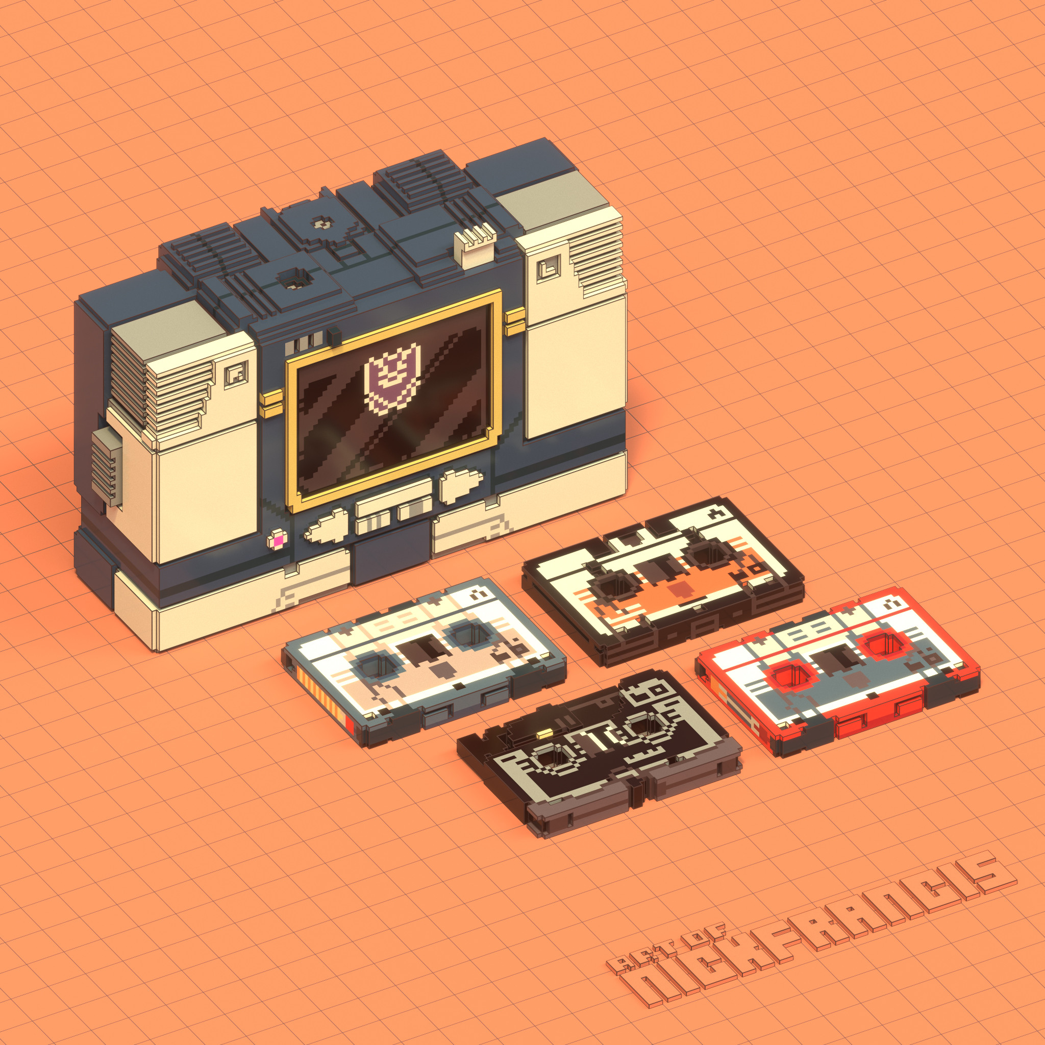 Voxel model rendering of Soundwave, Frenzy, Laserbeak, Ravage and Rumble in their classic "G1" disguises as a cassette player and cassette tapes respectively.