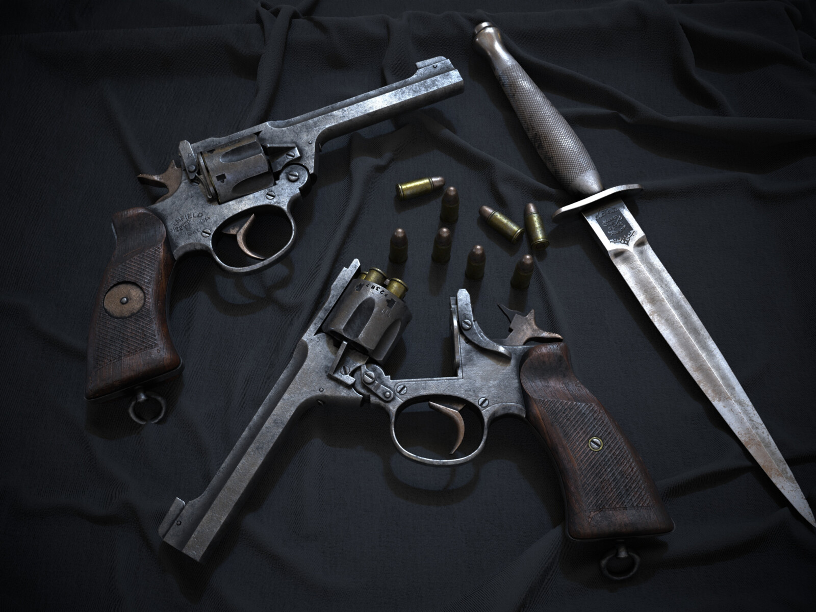 Let's consider in more detail:
The Enfield No. 2 featured a conventional revolver design arrangement featuring a solid, single-piece enclosed frame, centralized revolving cylinder, wood-covered grip and underslung trigger unit. 