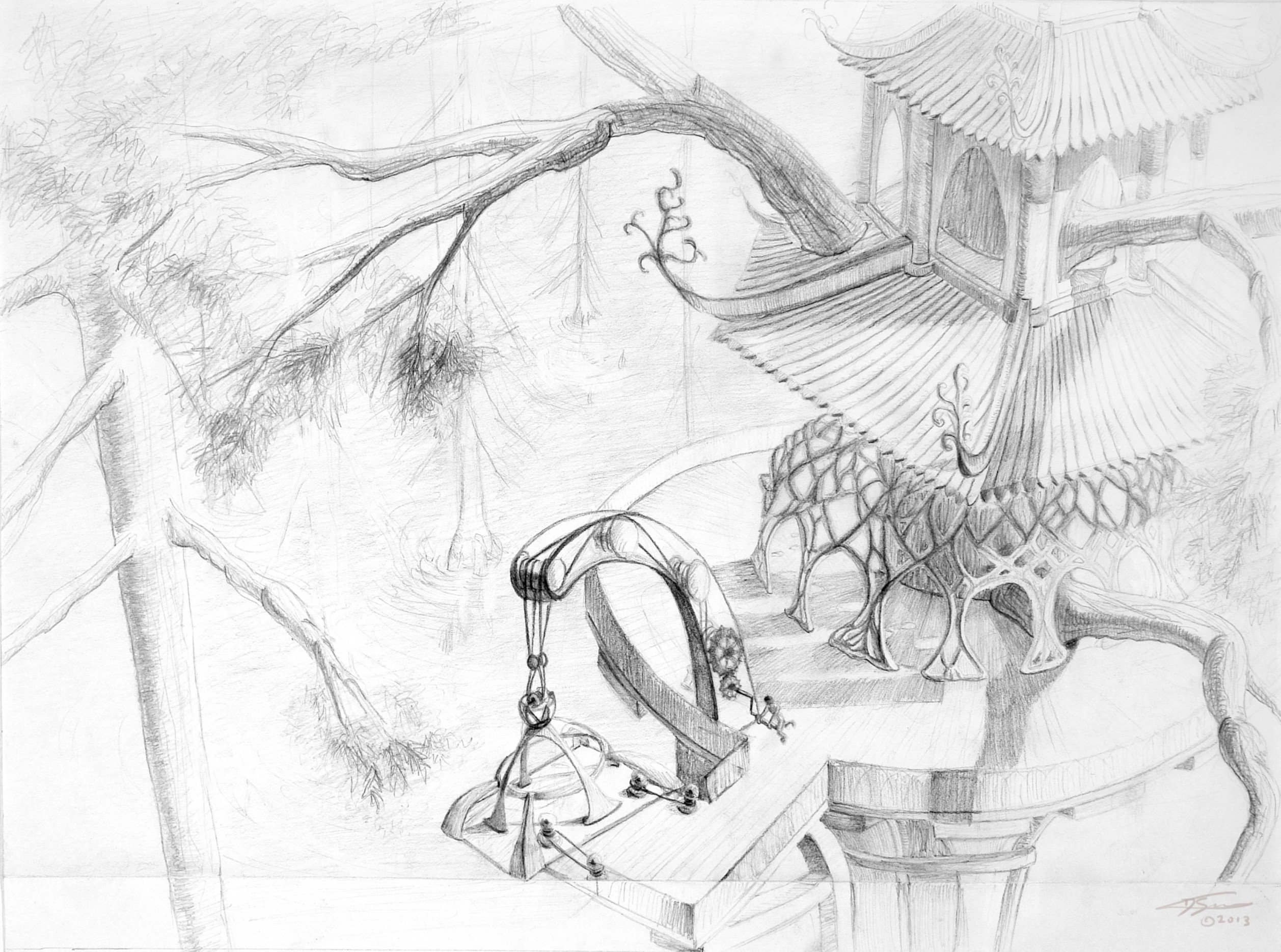 Treehouse Design based from a Chinese Swamp Cypress tree~ 2nd layout sketch before colour painting