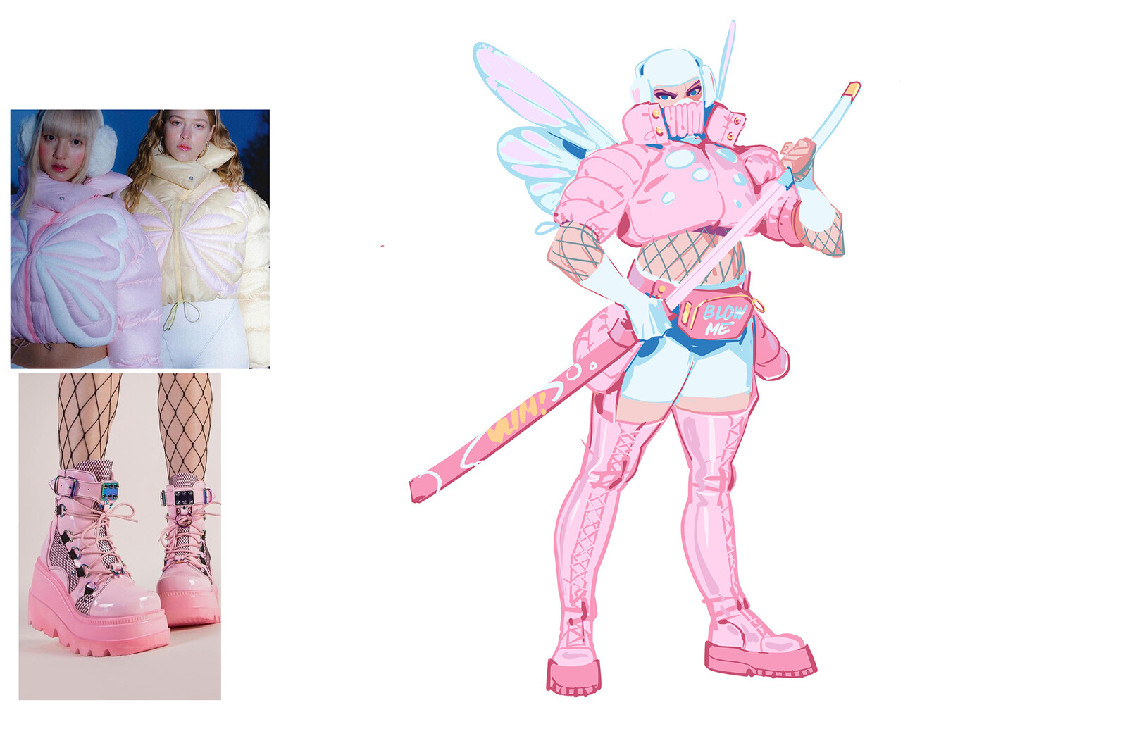 BUBBLEGUM - FAIRY - SAMURAI
Tried to make the "samurai" element subtle and lean into the "bubblegum fashion" and cheeky humor angle