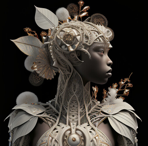 Futuristic royalty whose design is based around concepts of transhumanism. Balanced organic and inorganic qualities