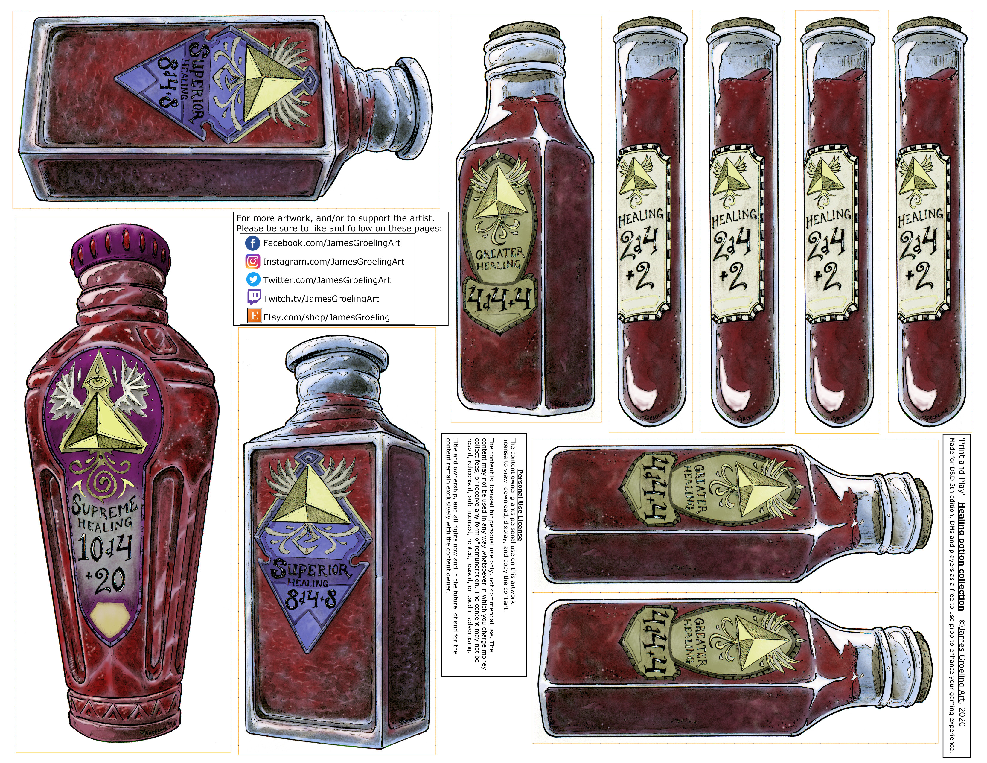 Printer ready sheet of 5e healing potions.
