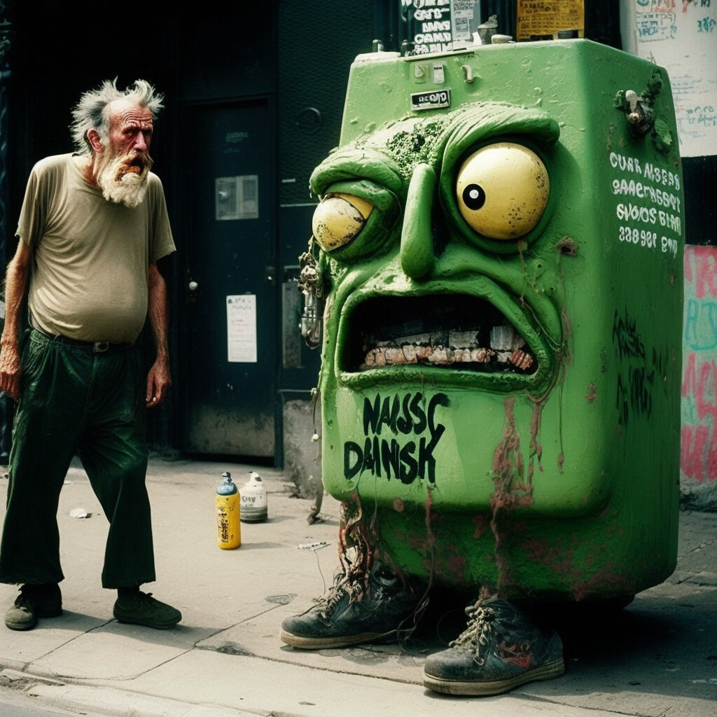 Delirium at the Bottle Bank | Delirium am Glascontainer

AI Art | made with Midjourney v4 | otticcreative 2023