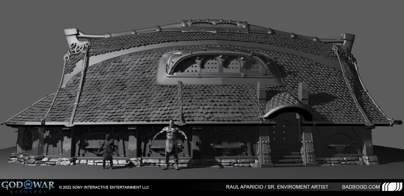 Artsheet for the house before high poly. To show what the resolution of the houses would be in game. This model was as high as one full god of war level from GOW 2018. Pushing 200,000 triangles! 