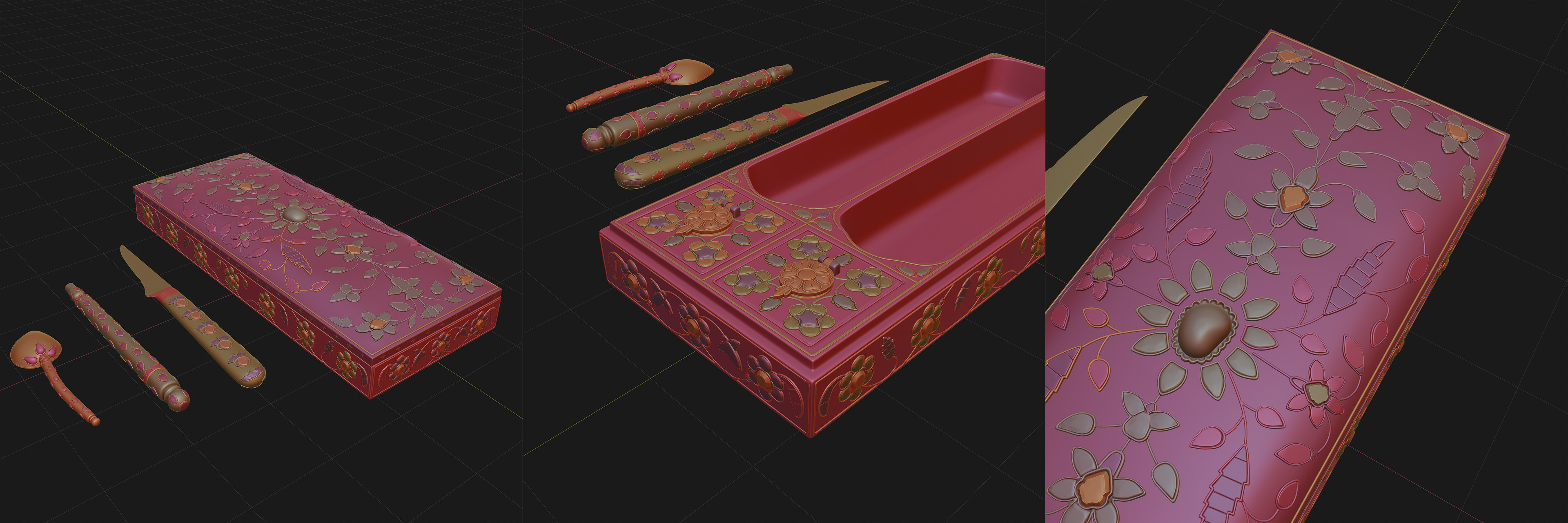 High-poly modeled in Blender. Later taken into Zbrush to rough up the gems.