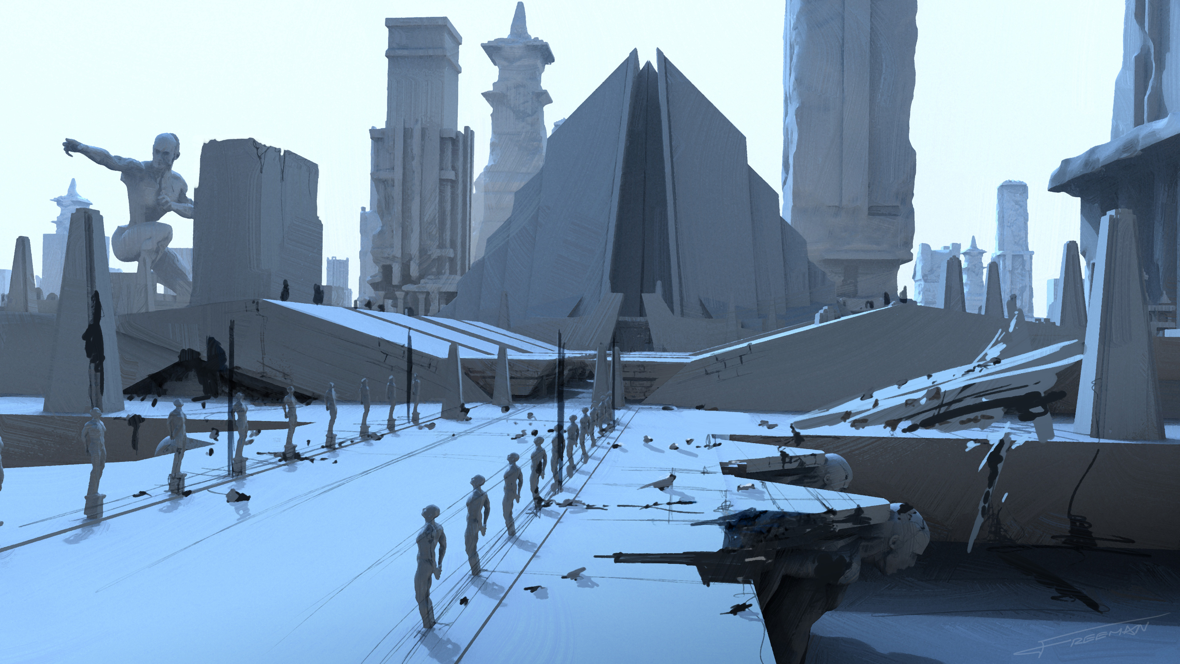3D block out / concept sketch looking towards the Central Plaza and pyramid - home of the Wyrm and Crone.