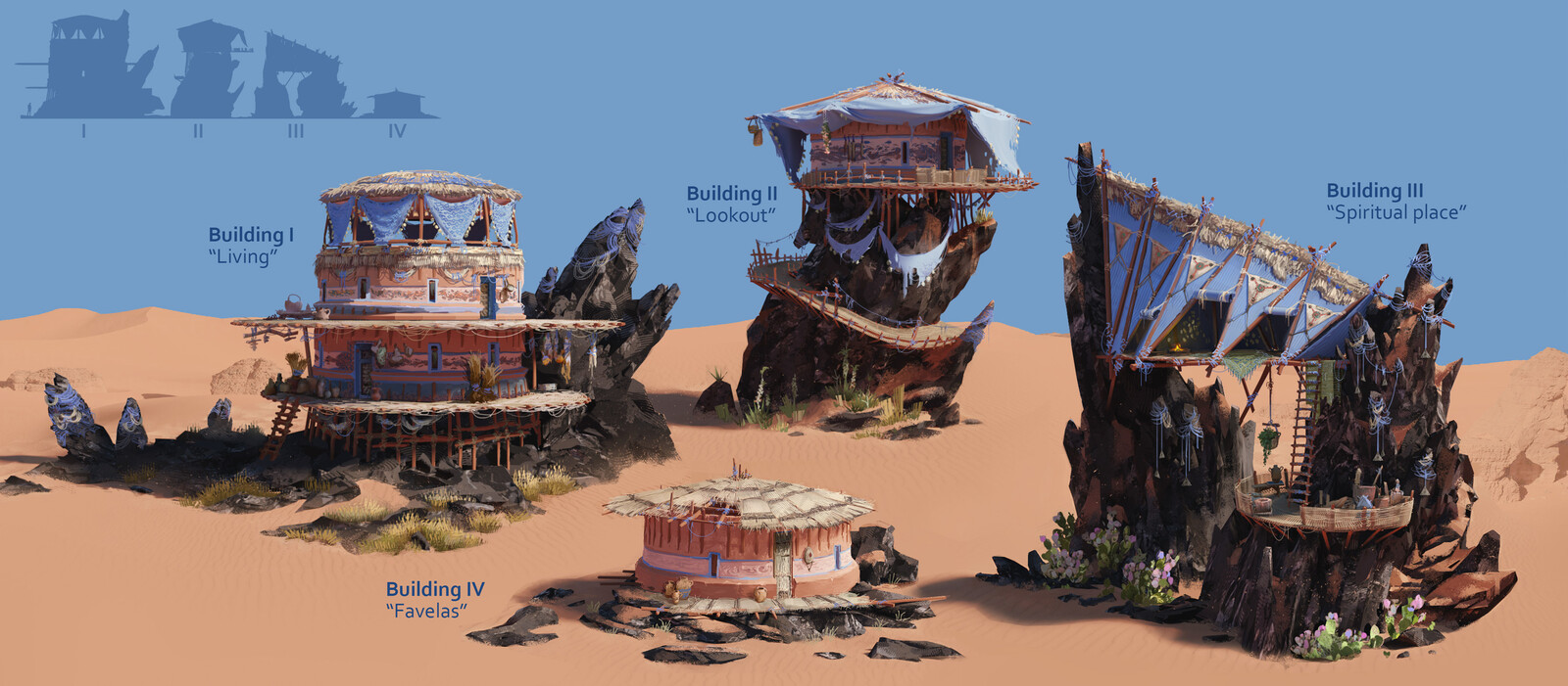 Four different architecture built ton top of rocks &amp; cliffs.