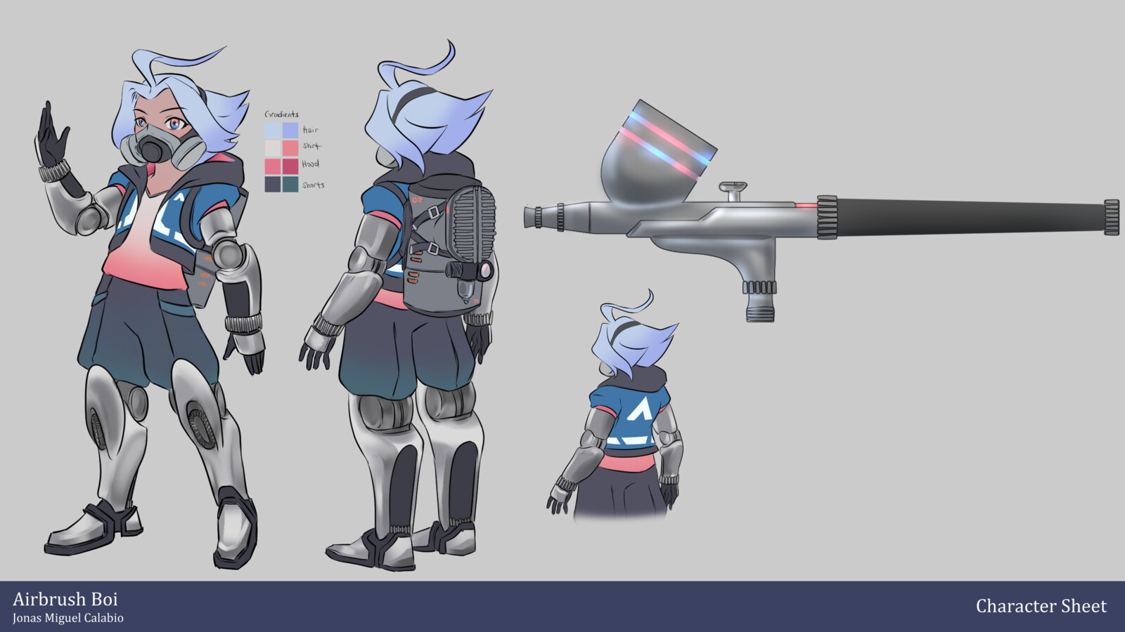 It's sci-fi inspired thanks to Gundam! The white pattern on his jacket and the red decals on the air brush compressor are inspired by decals that can be found on many Gunplas.

I added some gradients on the design, a trademark of the airbrush!
