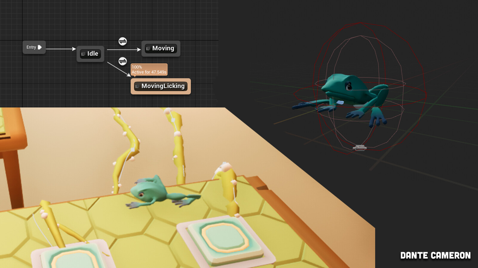 These animations were implimented into Unreal Engine as a paint-licking hazard. When its AI was complete, I created the character and animation blueprints to enable its interactivity. Then through testing and iterating, I polished it into its final state.