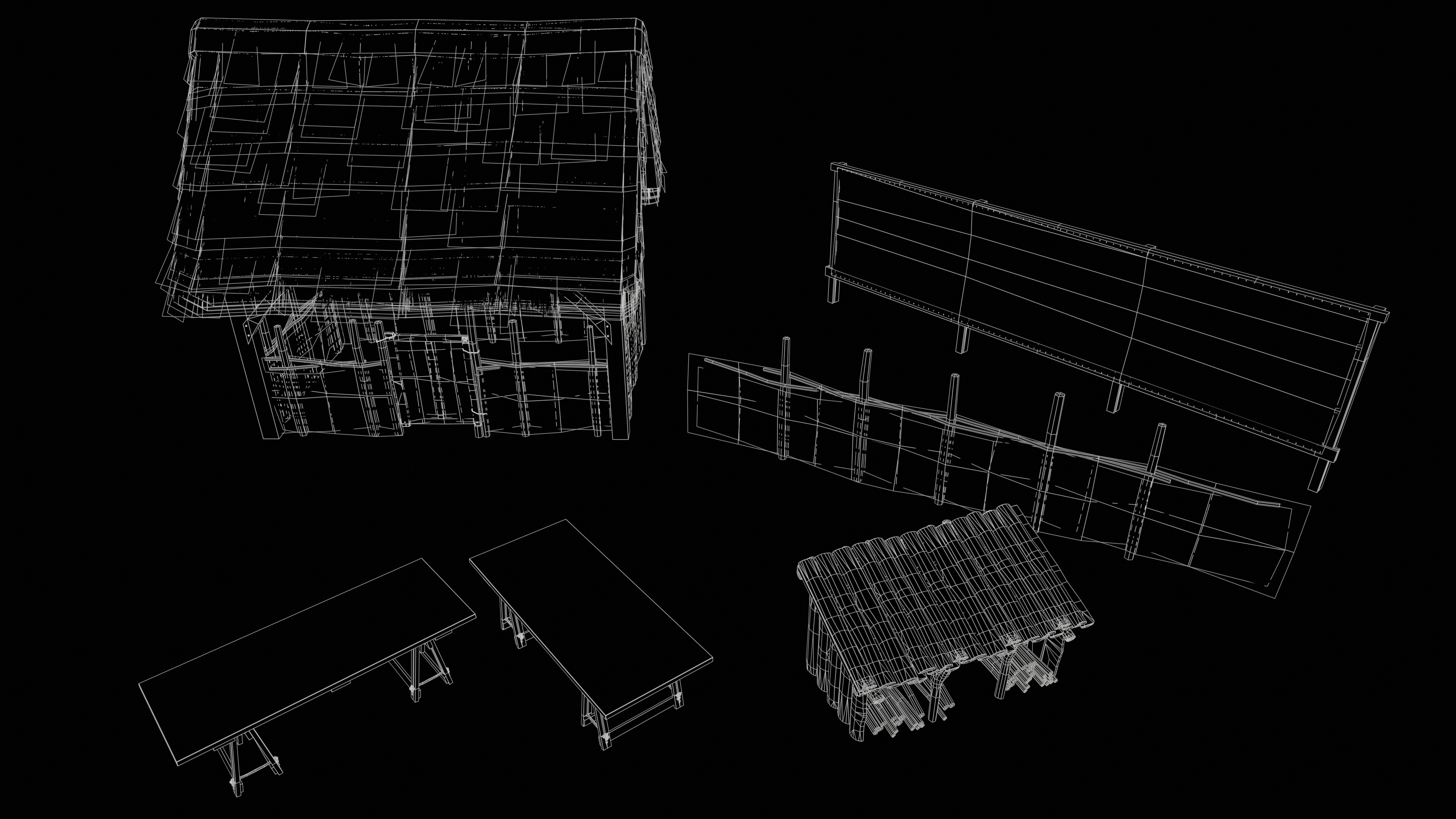 Fenced outhouse, trestle tables, wooden storage, wattle fence, tentering rack -Wireframe