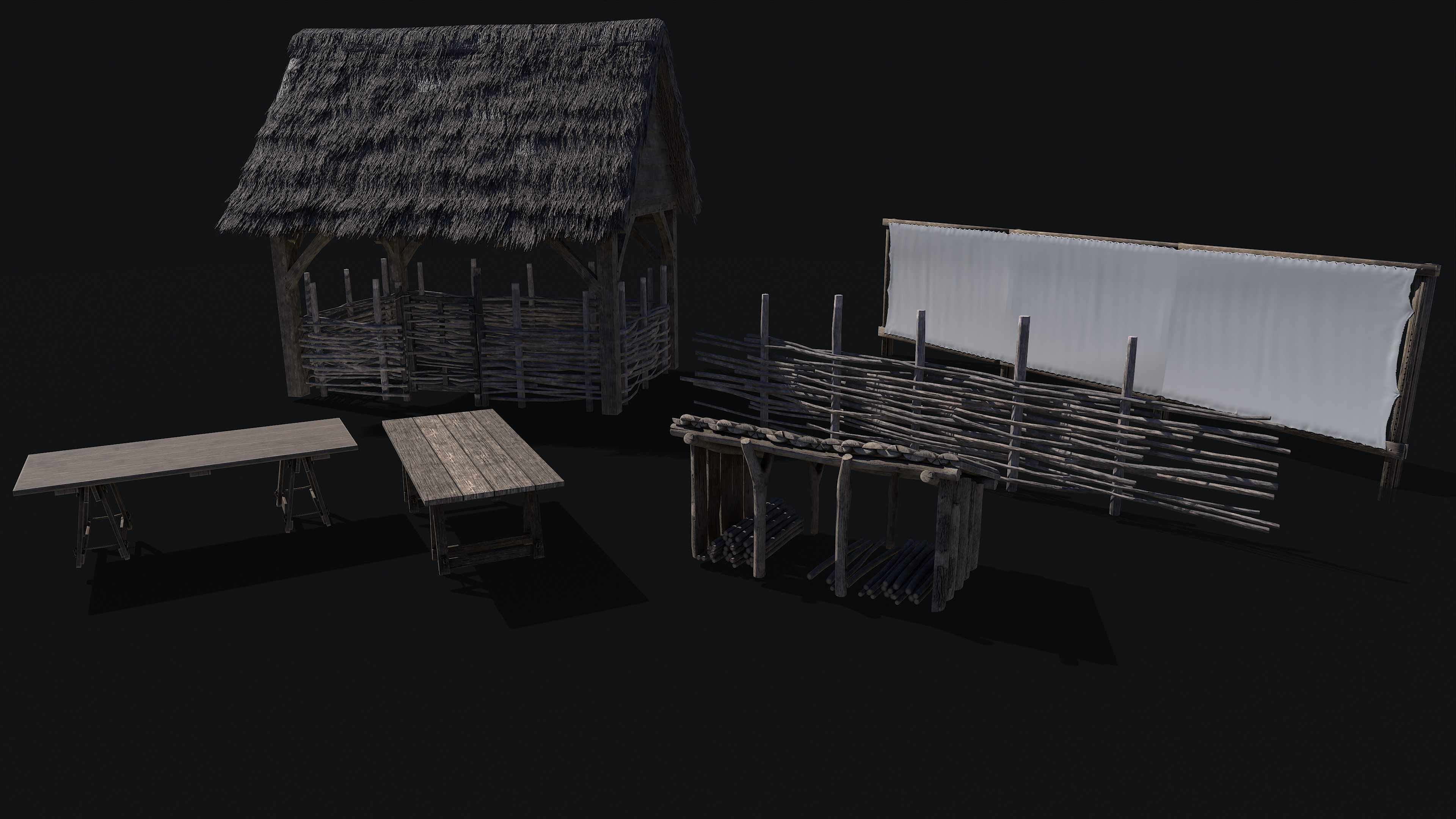 Outhouse Var 3 (Wattle Fenced and Gated), Wattle Fence, Trestle Table, Wooden Storage