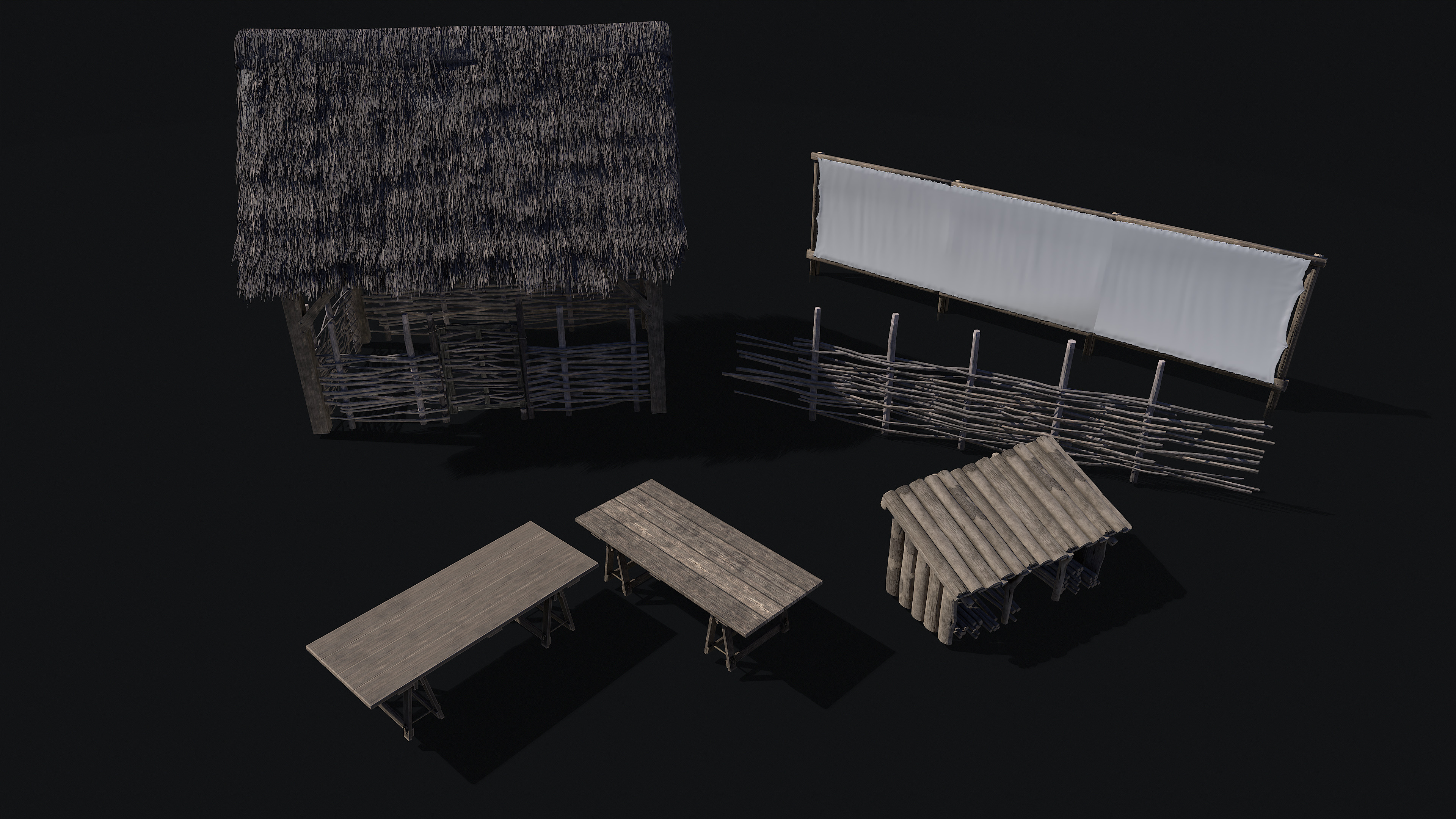 Outhouse Var 3 (Wattle Fenced and Gated), Wattle Fence, Trestle Table, Wooden Storage