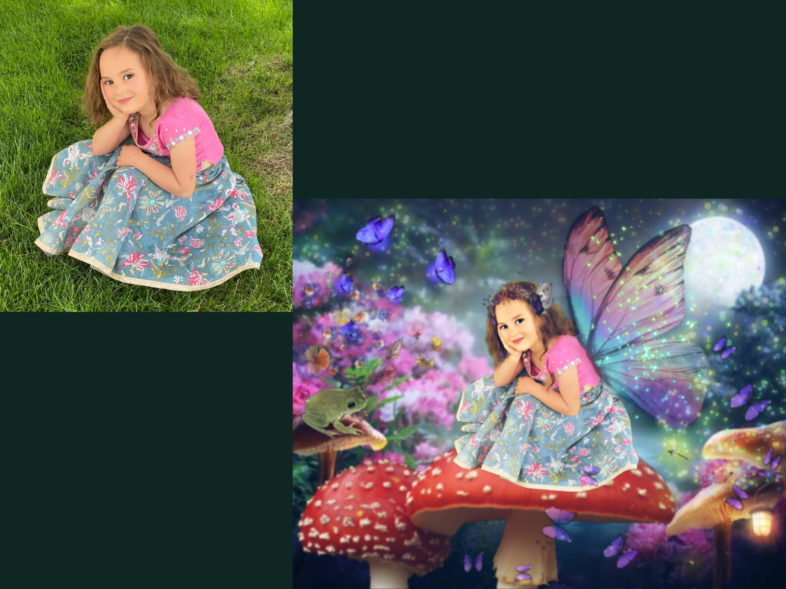 From a photo shoot, added fantasy background and photo retouching via Photoshop