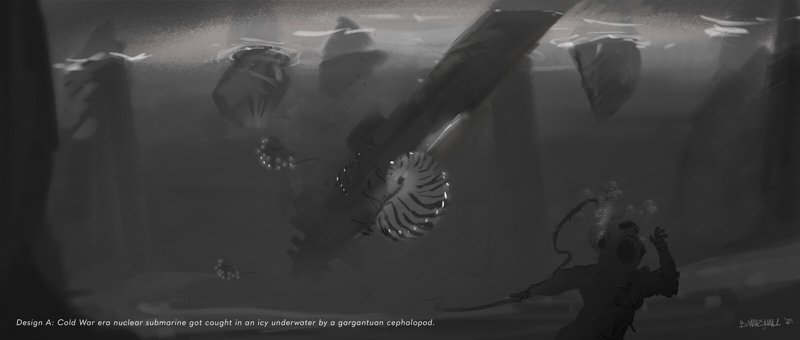 Cephalopod attacking Submarine - concept layouts 