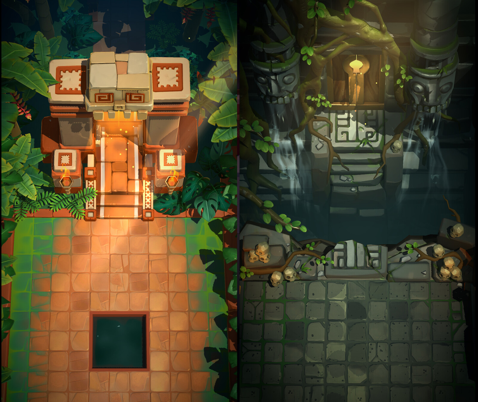 Creation of foliage, roots as well as creation of the door and game play area floor. The image on the right hand side was where I took initial direction from art director  and then concepted in 3d, I also took decisions on colour palette and lighting.