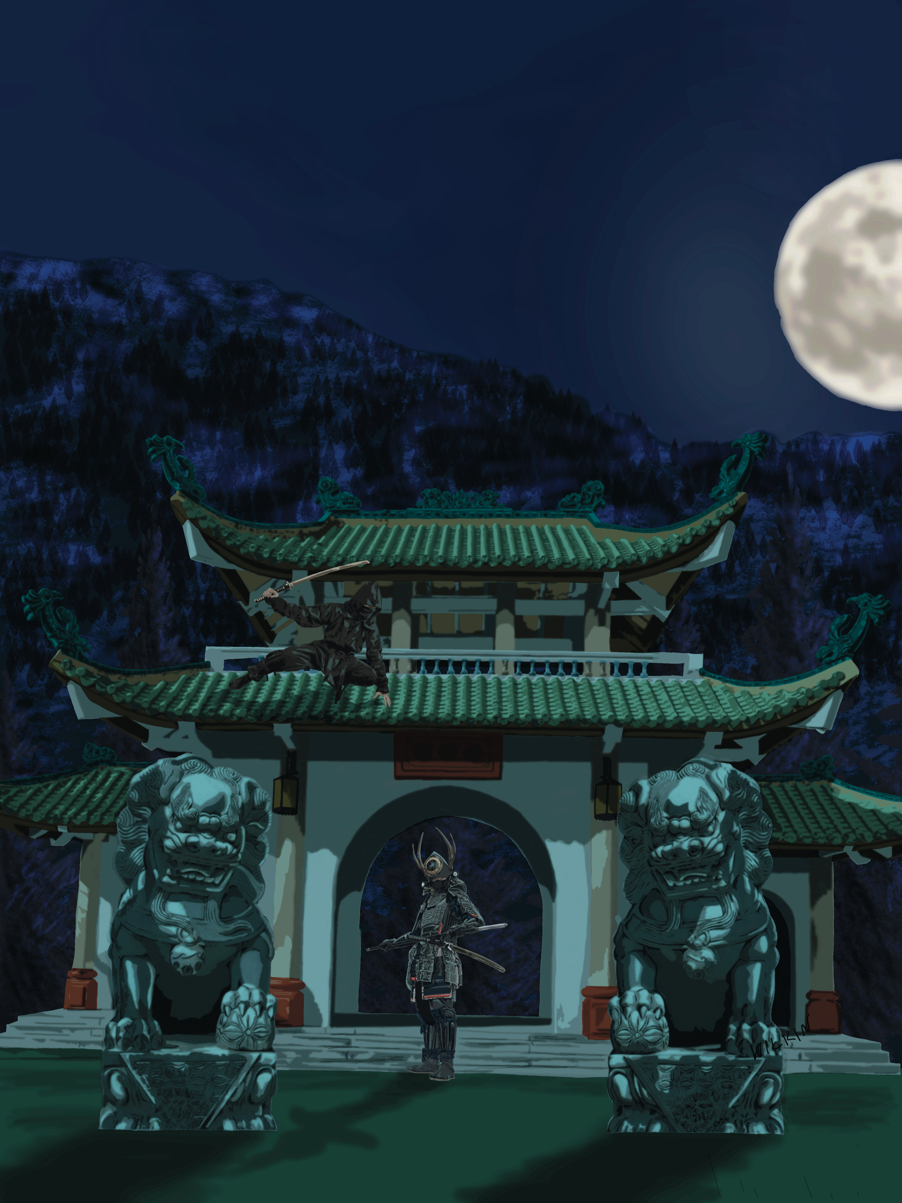 Shadow Assassin 2d digital painting of ninja assassin stalking his target.