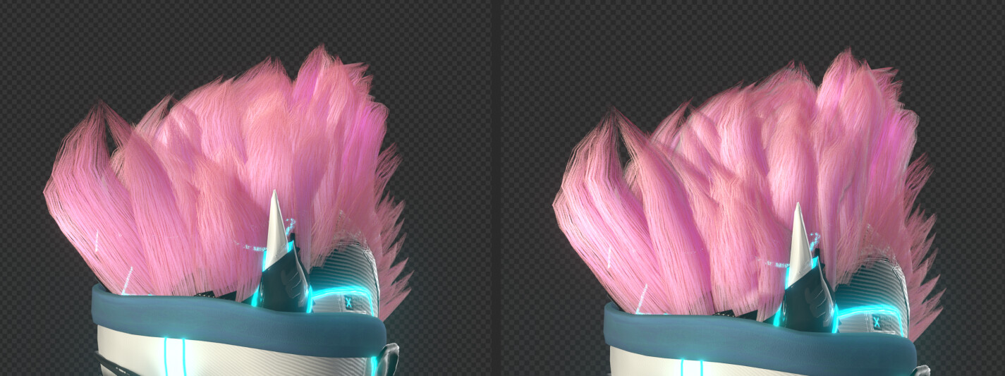 Using a proxy mesh that was solidified, I transferred the normals to bring some volume to the (flat) hair cards