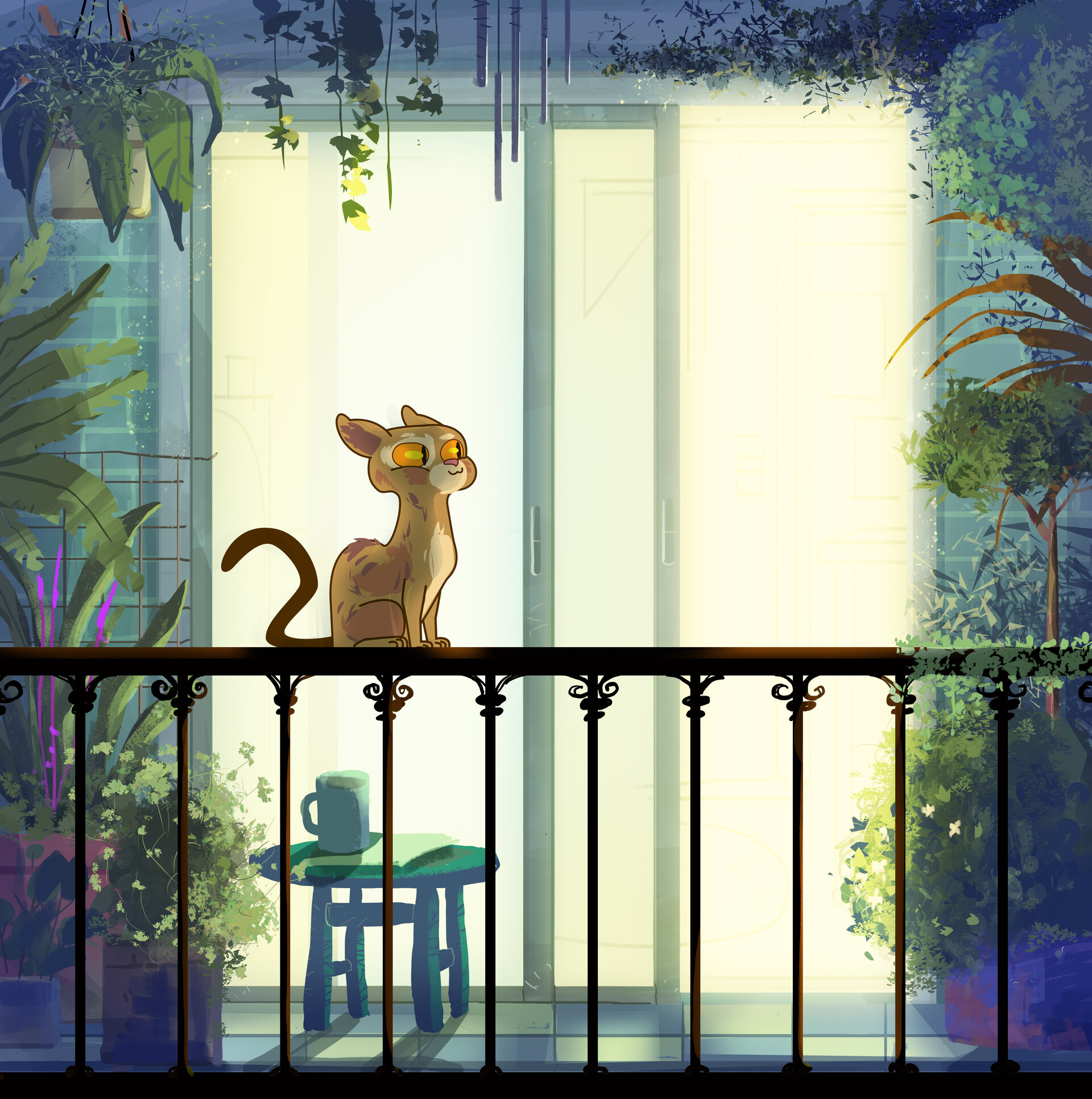 Girl on the window with cat animated Panorama UI Background