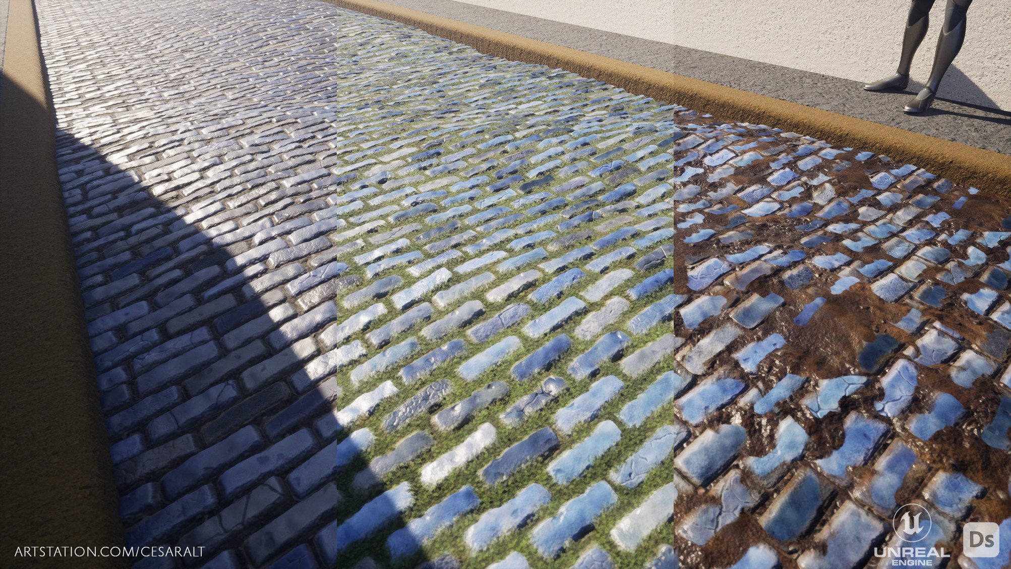 Testing the material in Unreal Engine 5. The exposed parameters within the substance .sbsar file carried over and made the generation of mossy or muddy variants quite easy.