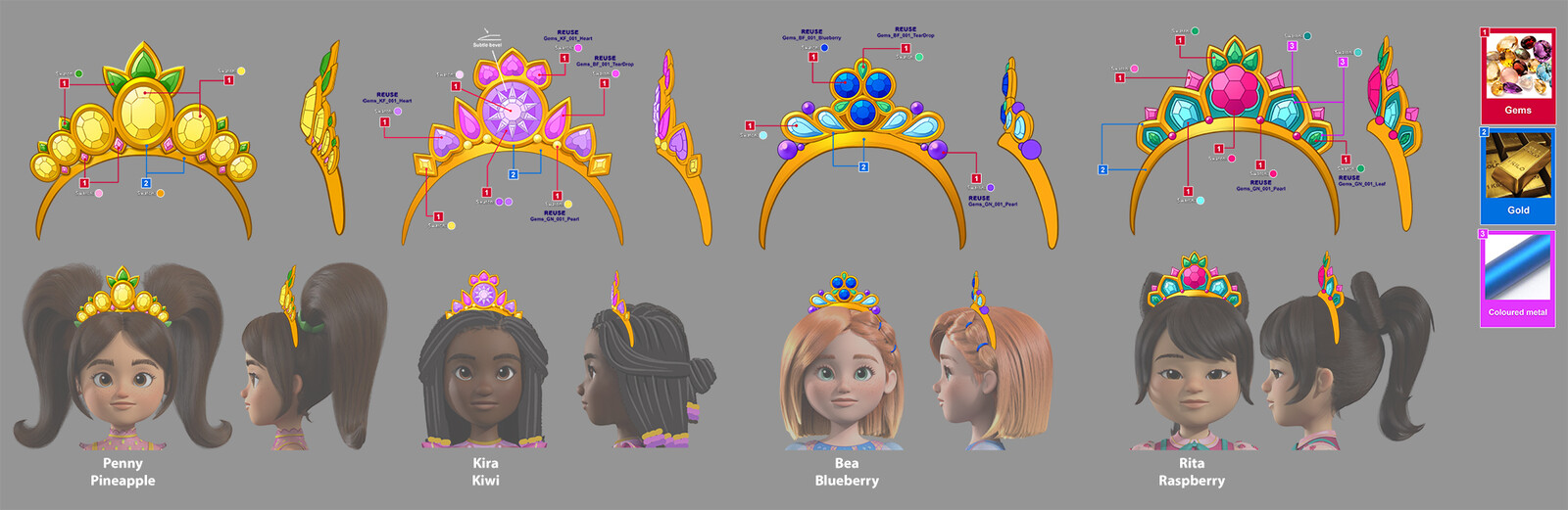 All princess tiaras (design and material callouts)