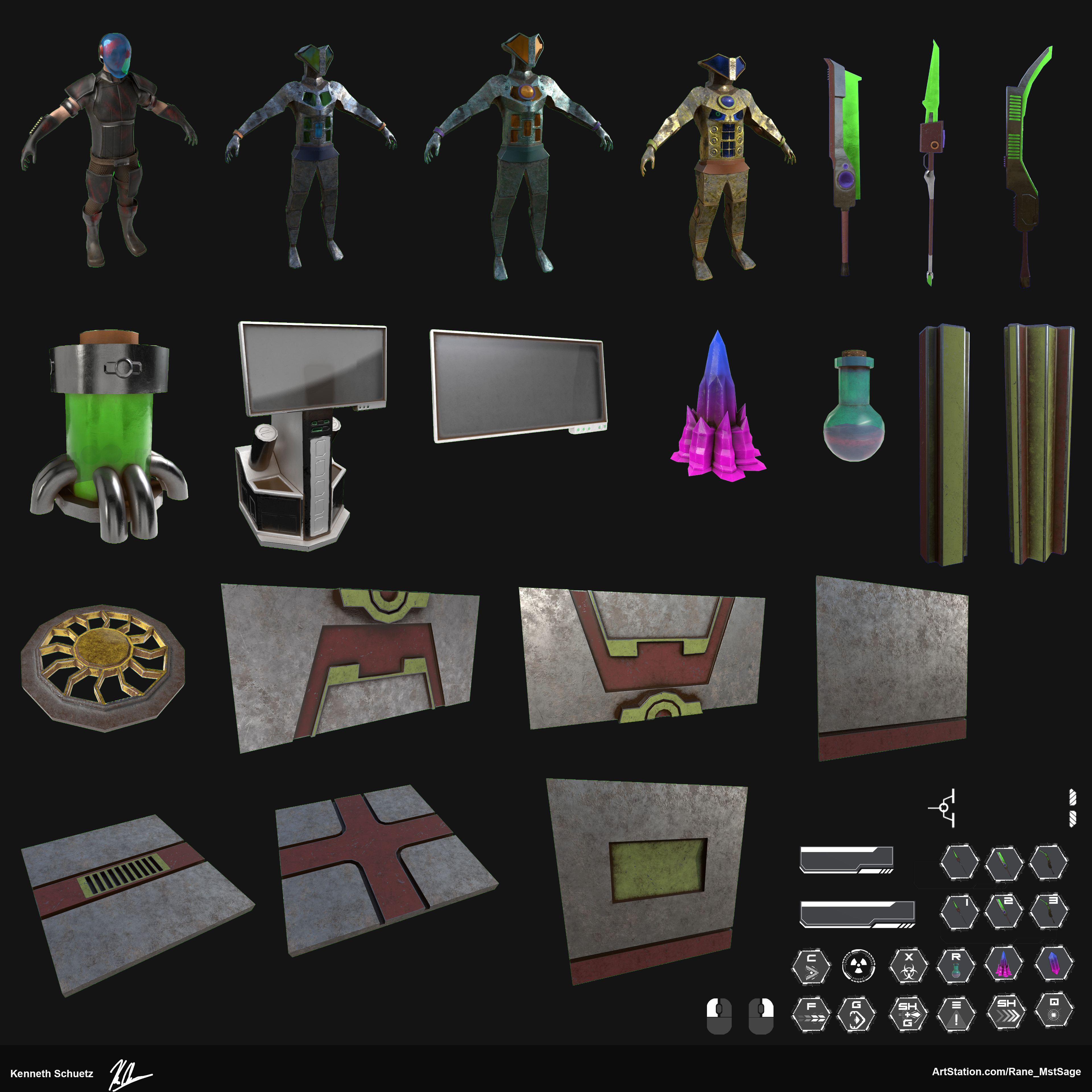 Final Textures for Project Storm Surge, I modeled all the models except for the Crystal that was modeled by one of the designers, and uV'ed and Textured by myself.