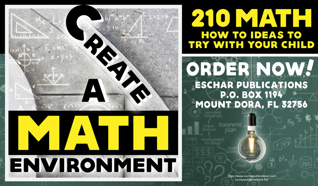 Book advertisement design for 'Create A Math Environment', published by Eschar Publications.