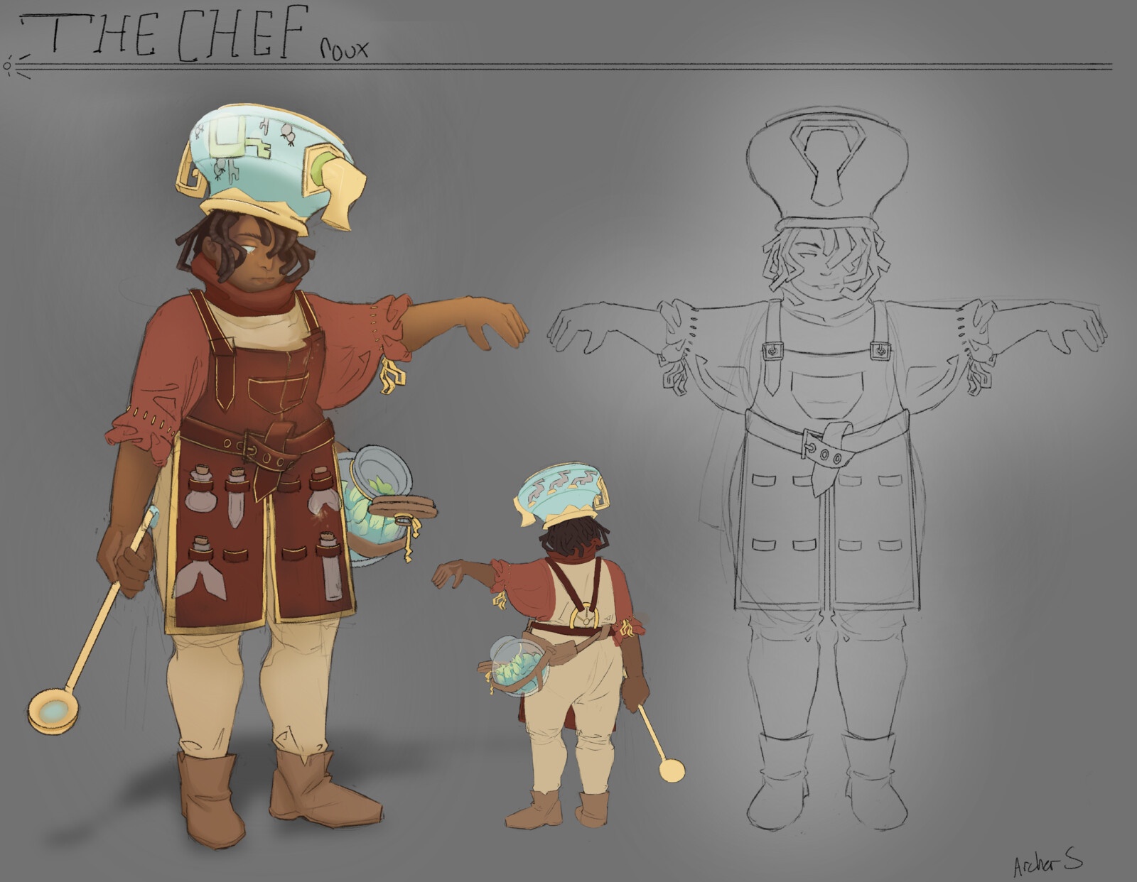 Final Concept for Roux. In order to survive the outlands, humans must make magical pacts with beasts to survive. She has made the pact of the Chef. Roux has promised her mount that he will never go hungry as long as she is with him.