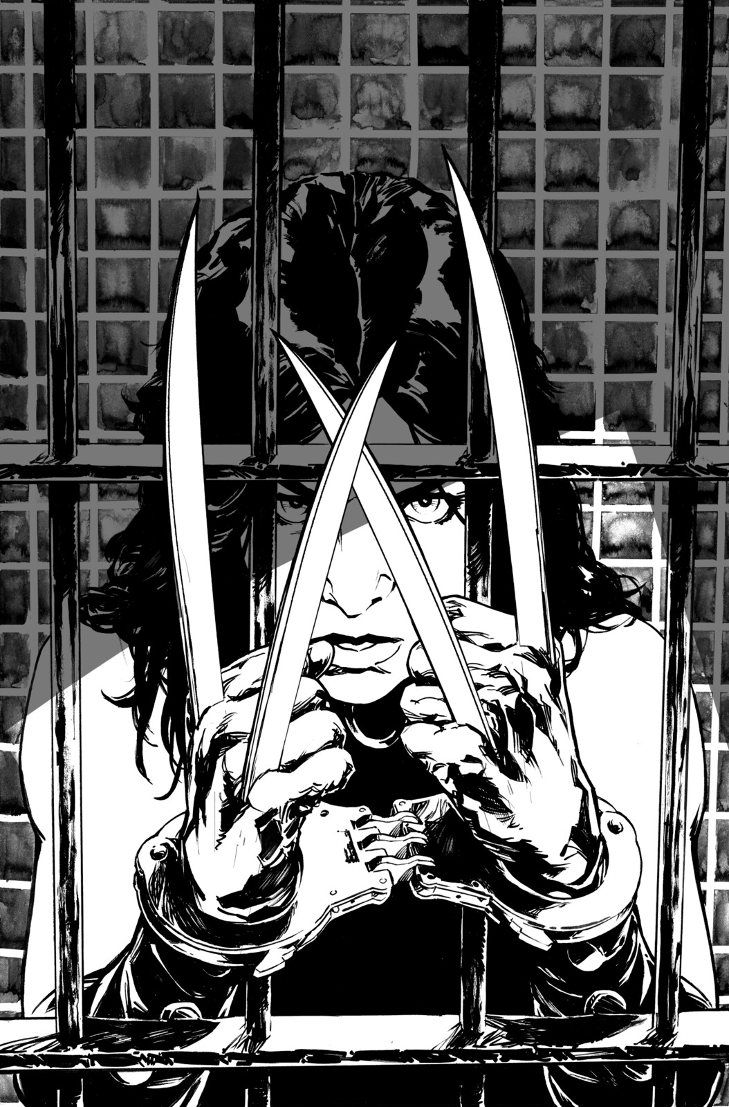 Inked original art for X-23: DR Issue 3 (Sold). Grey top shadow is a digital mockup.