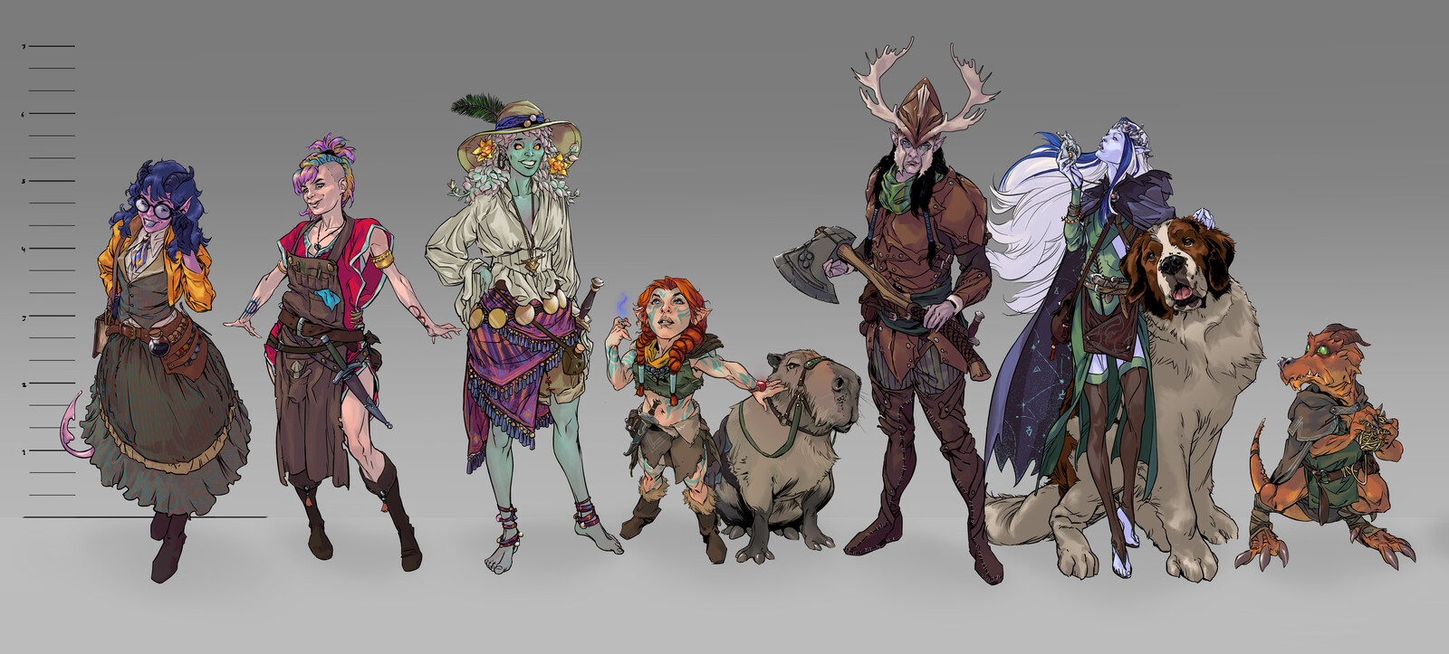L-R: Quintessence (Quin), Sabele Ni'Leary, Sky Corelto, Fiorabelle, Arioch Morningstar, Moonmaeven, Rork.