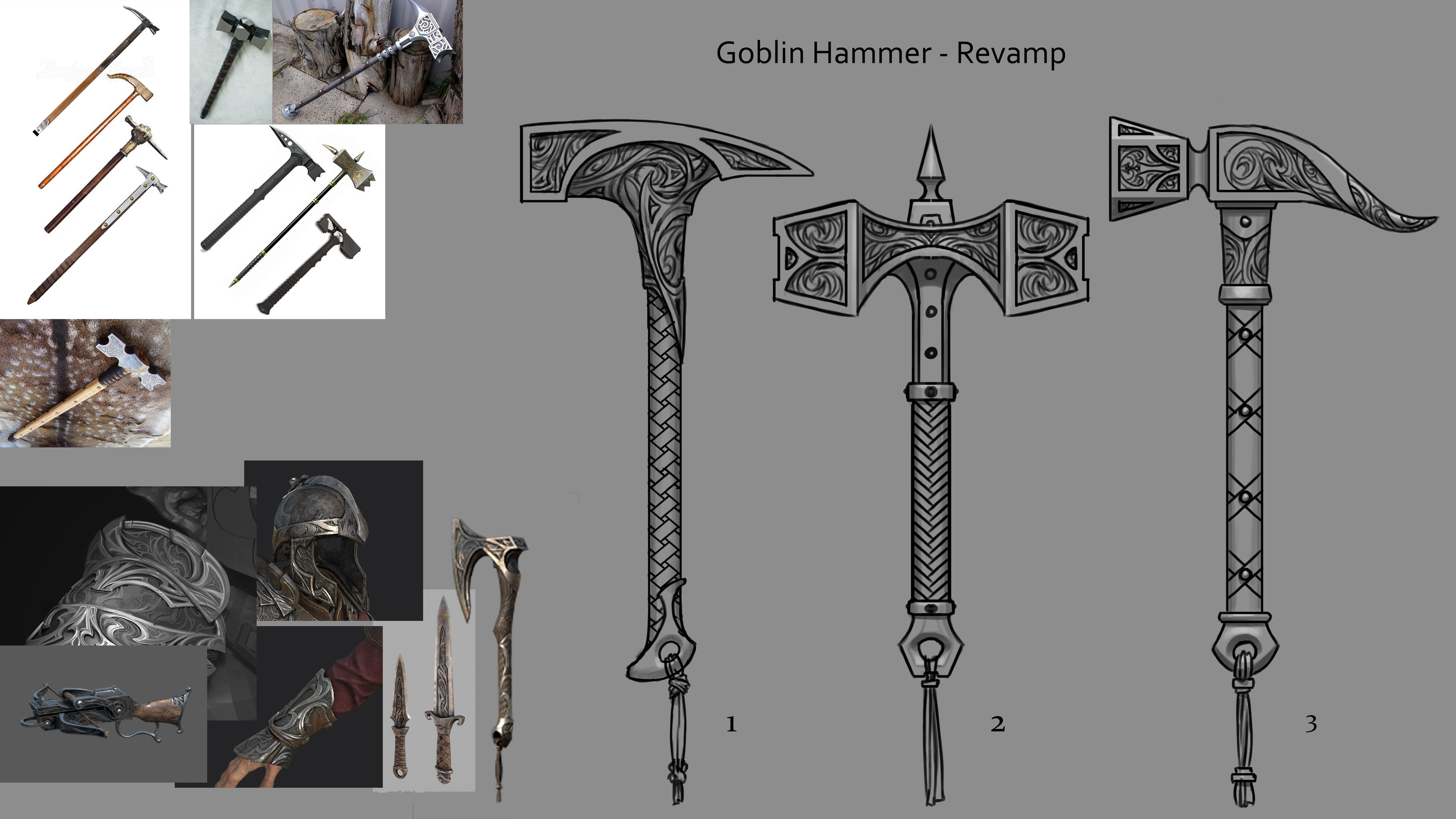 Hammer shape exploration and concepts. Trying to find bold and unique shapes that would go along with the armor. 