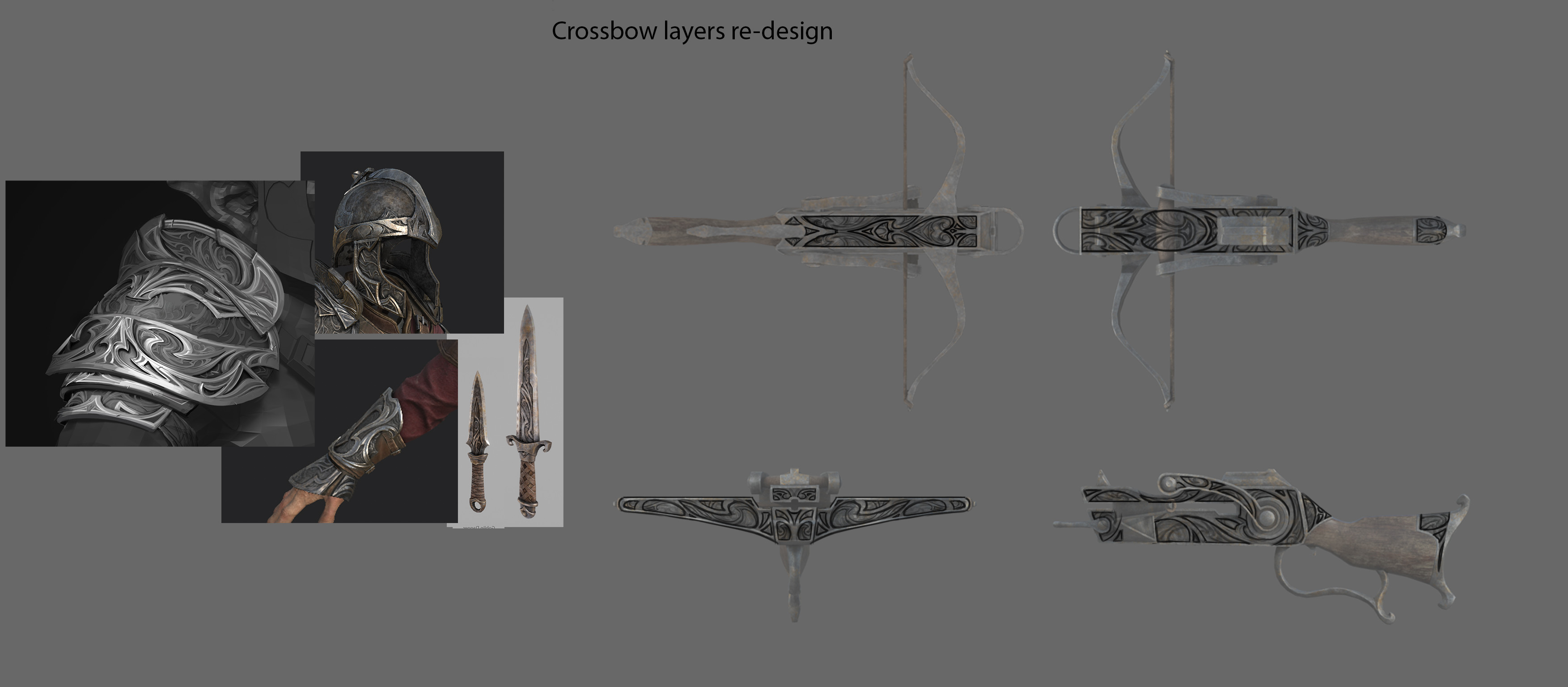 Crossbow metal work redesign. Nasan Hardcastle did the original concept for the crossbow. Unfortunately the metal work didn't match what Danny Russon and Dallin Jones had done with all of the goblin armors. 