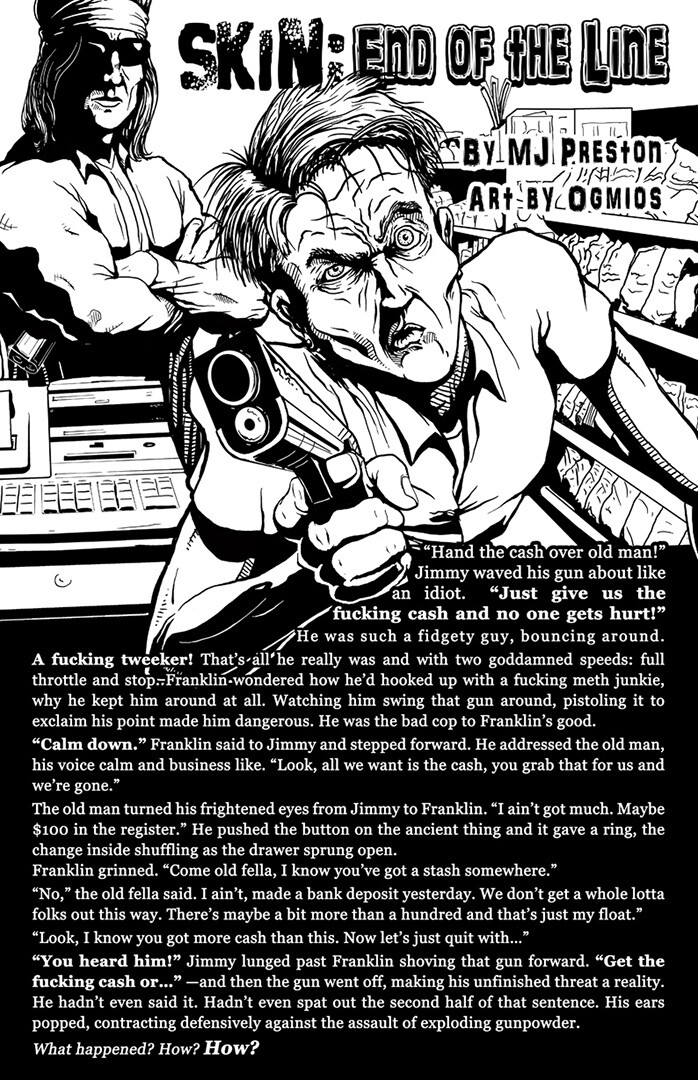 Inked art and graphics for the short story, 'End of the Line' by MJ Preston