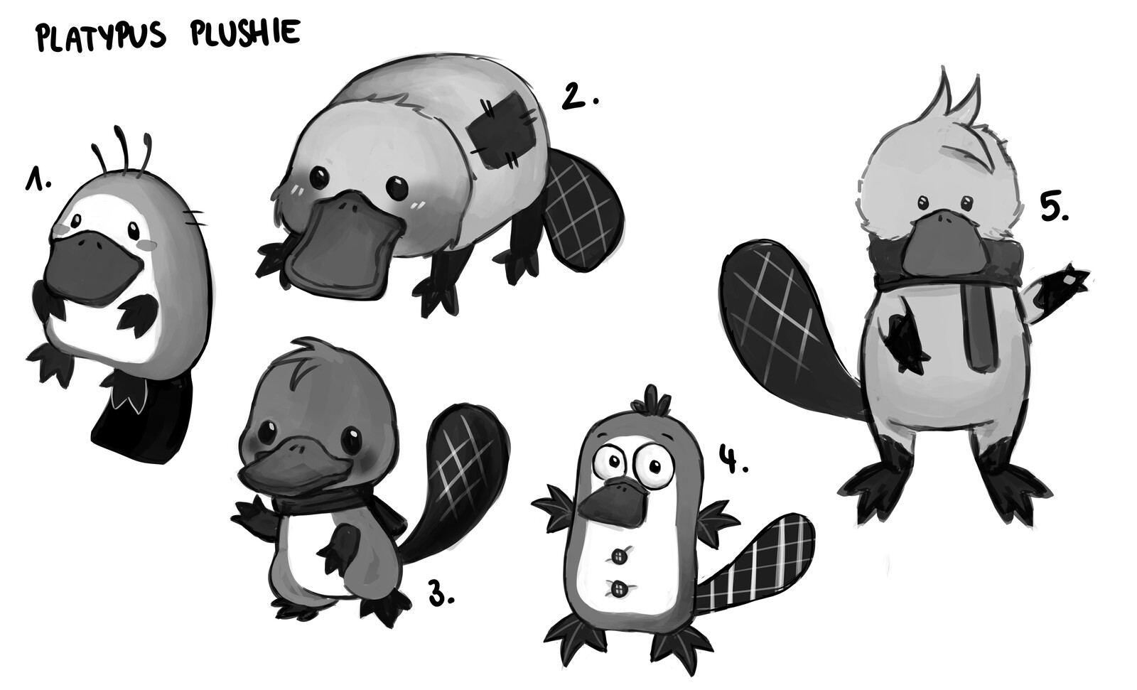 First, I got to design the concept art for the protagonist's stuffed animal.

The keywords I was given were "cute" and "unique". So I came up with a  few unusual animals and tried to make plushies out of them. 