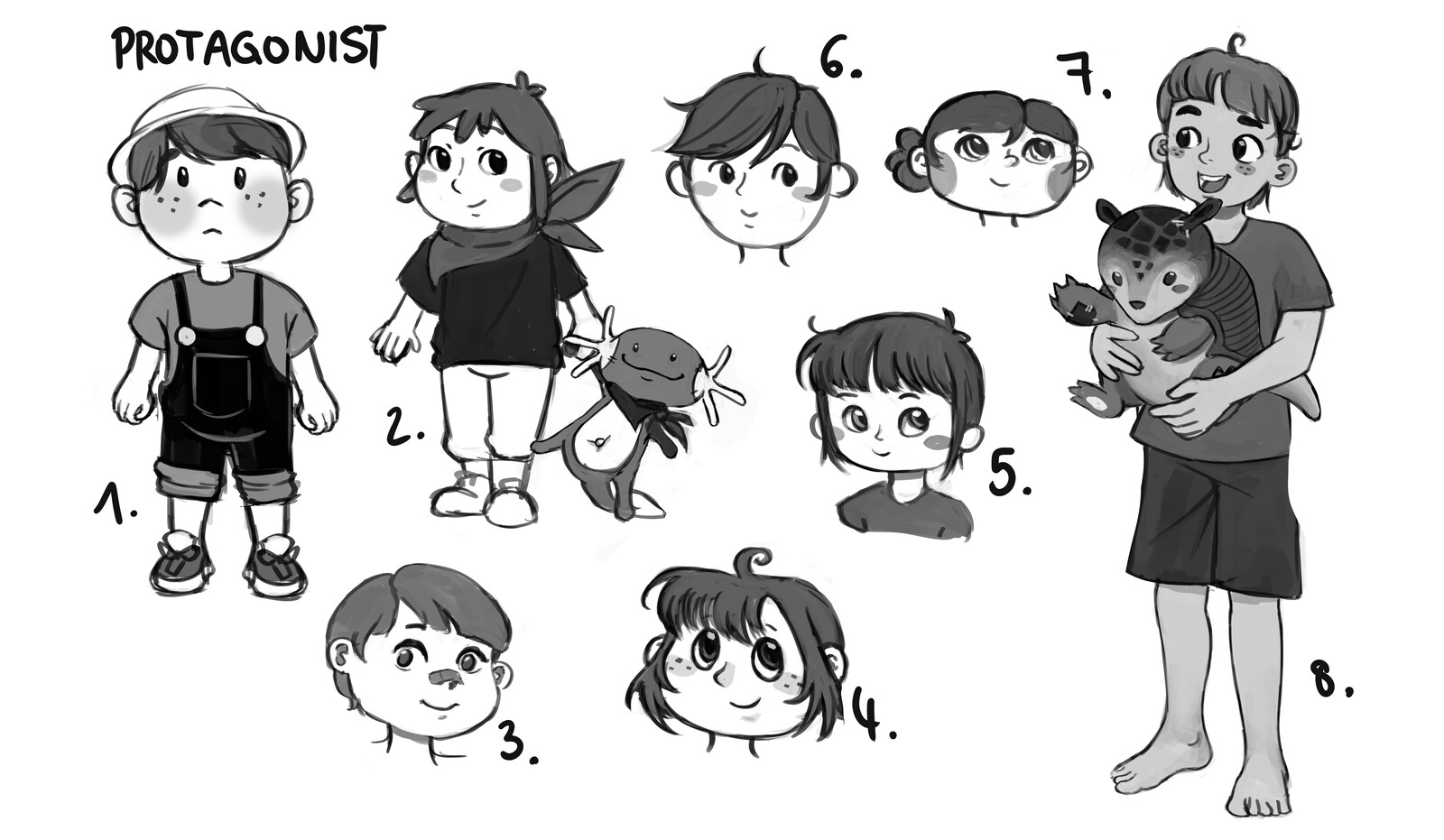 These were a few different styles that I tried out for the protagonist of the book. The team did not know yet what gender the protagonist should have, since the story should apply to all children, so I tried to create a concept for that.