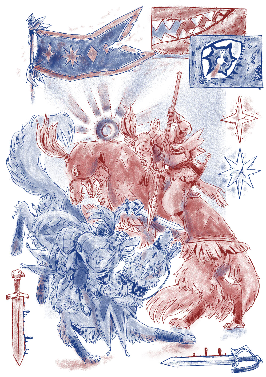 Finished in bright red and medium blue risograph