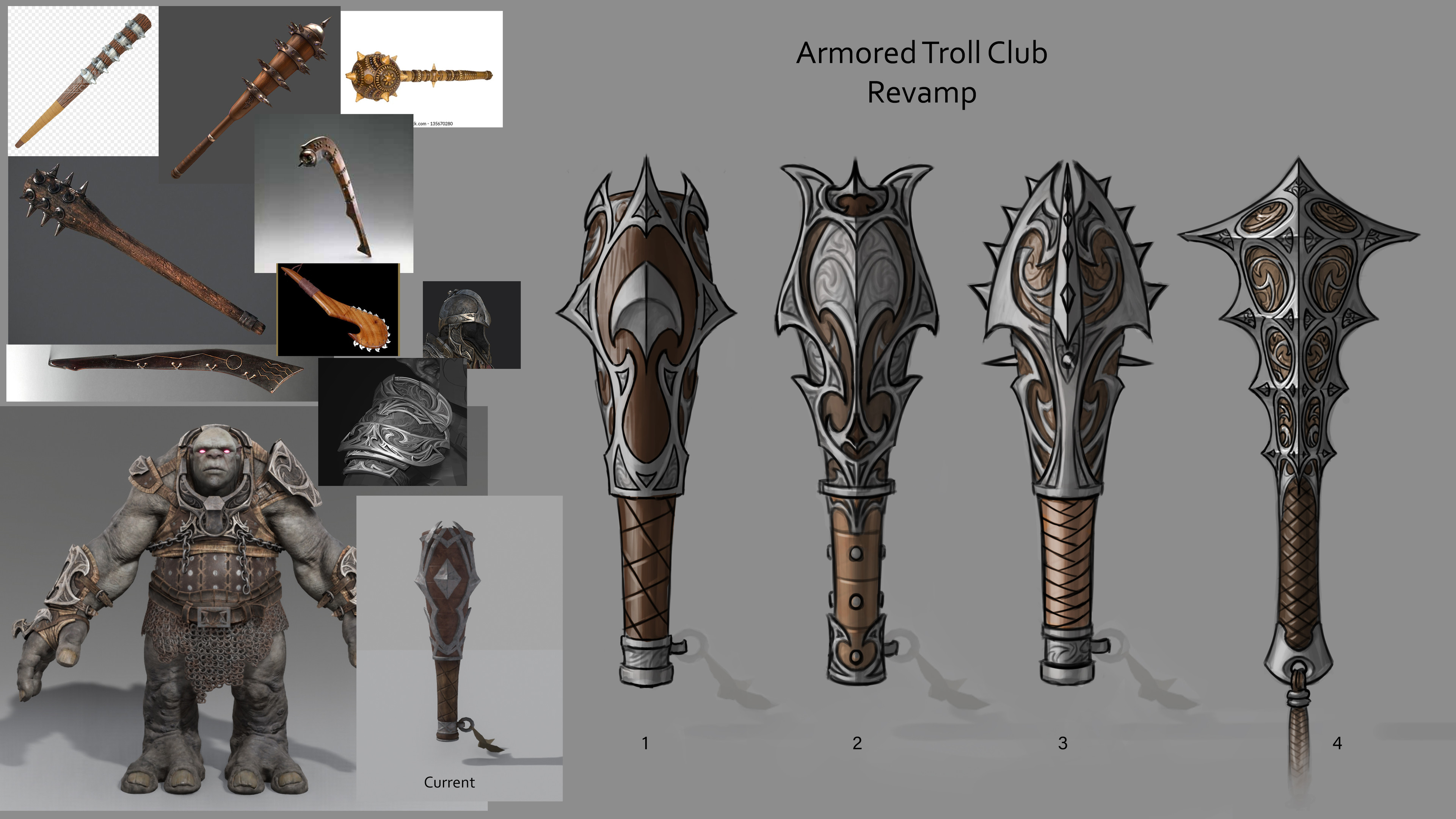 Some concepts exploring new designs for the armored goblin club. Using the existing club on bottom left as a base. 