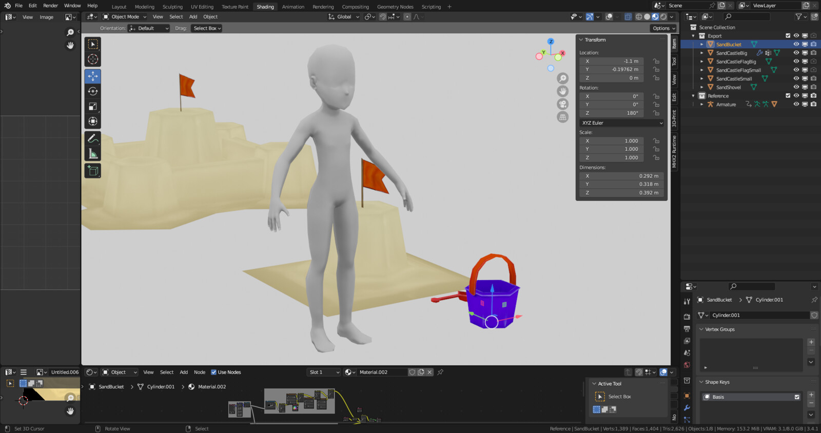 Screen capture of sand castle, bucket and shovel, near the player model, to compare the size.