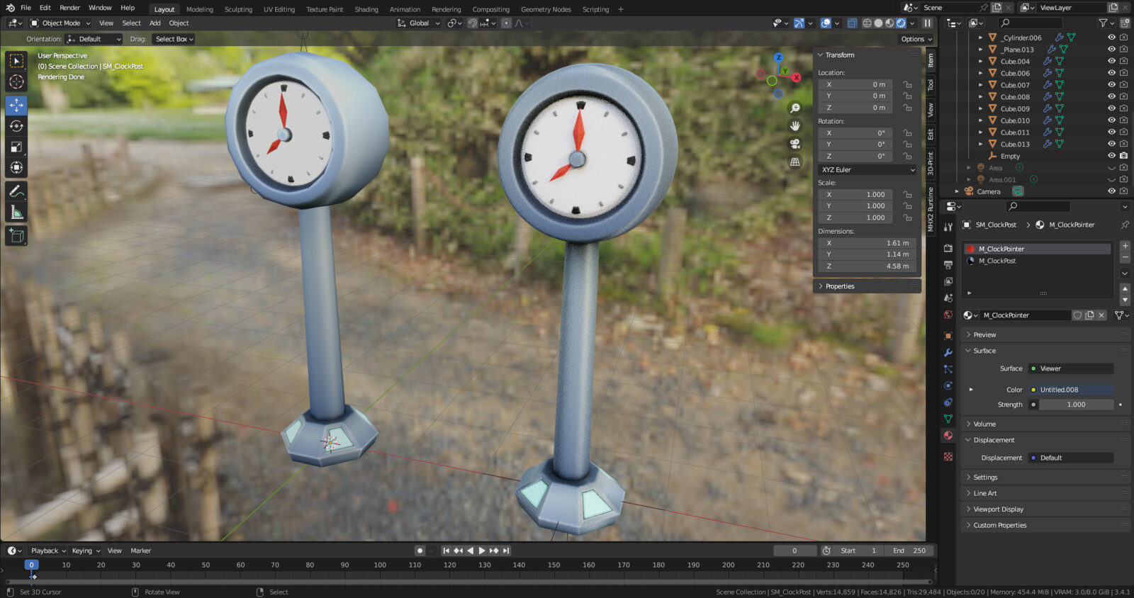 High poly model of the clock post and the low poly with the baked texture and ready to export to the game.