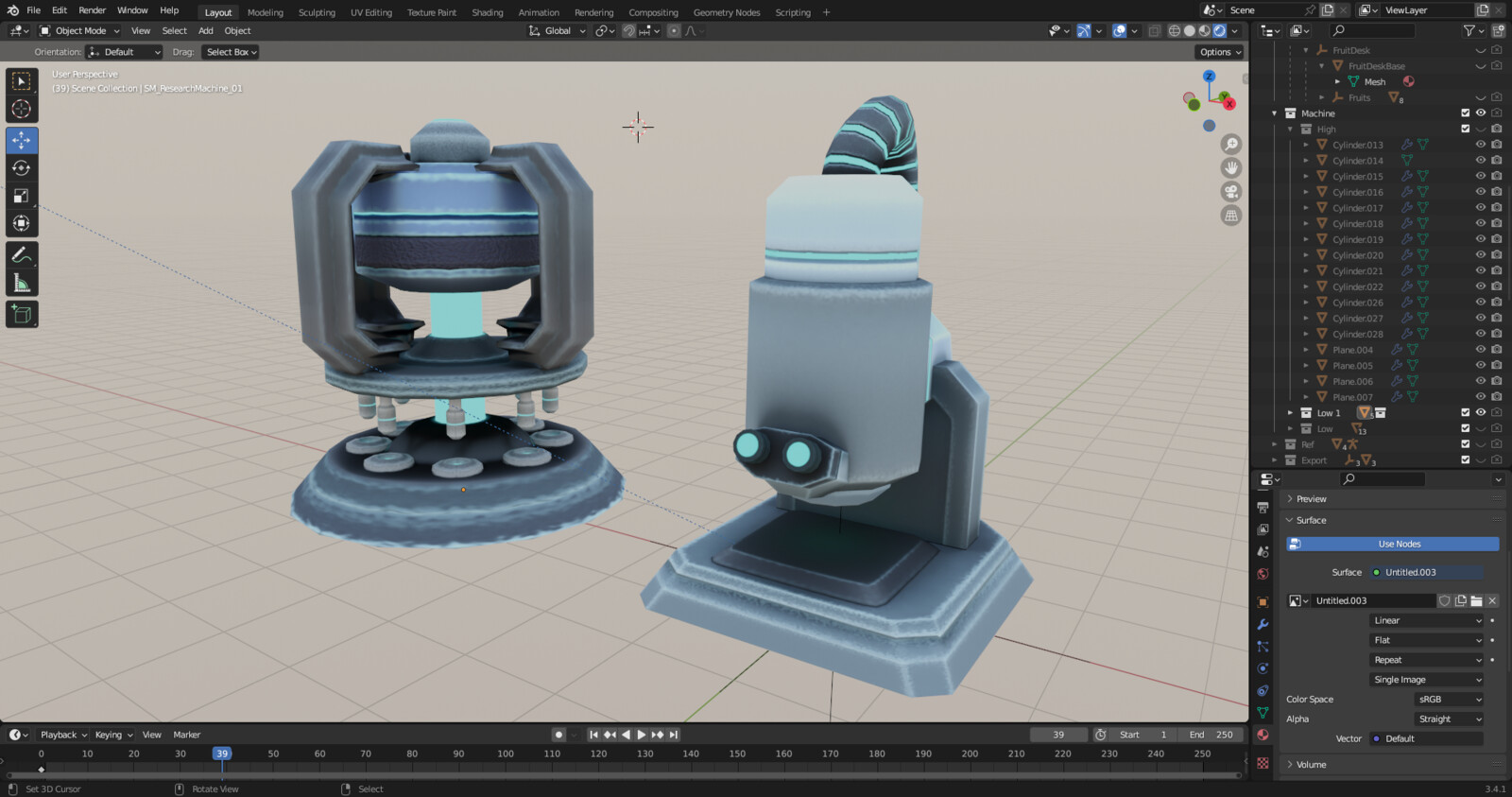 Low poly model of the water research machine and the microscope.