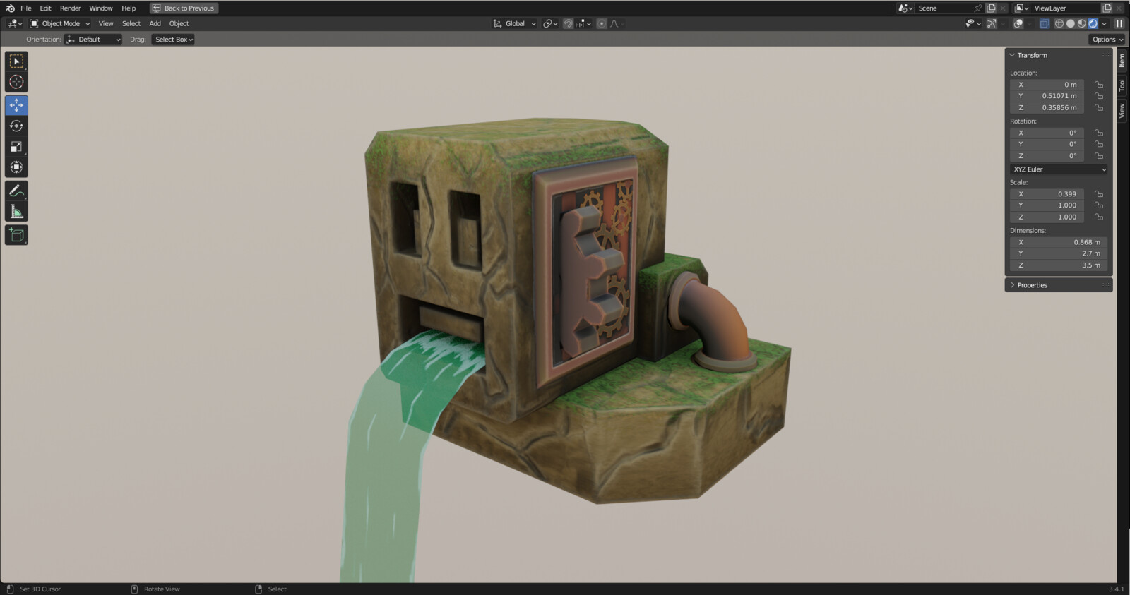 Front view of the low poly model with texture baked in the version broken and polluted water.