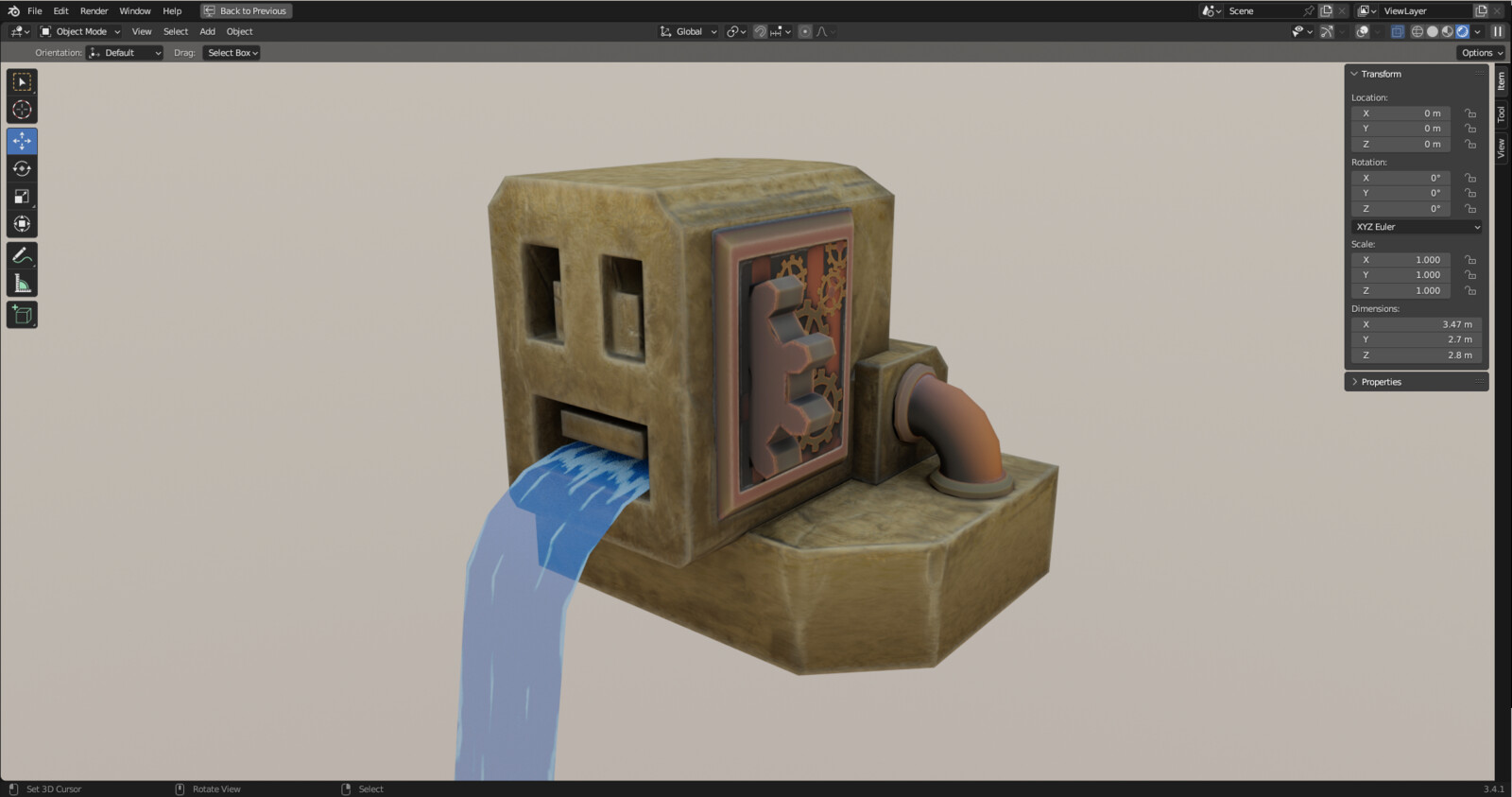 Front view of the low poly model with texture baked in the version fixed and fresh water.