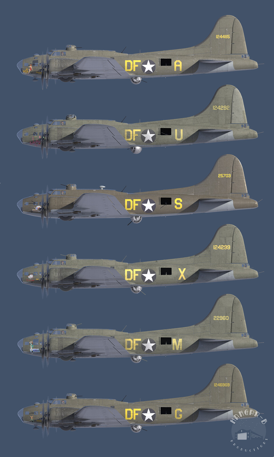 Each aircraft had subtle variations in color and texturing, as well as unique markings matched as closely to the film-aircraft. In reality, the production only utilized 4 B-17s and aircraft were repainted (by hand!) between photo missions.