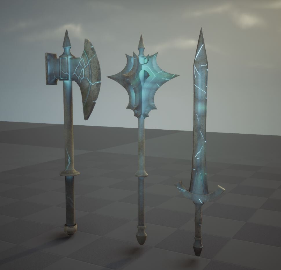 I applied the shader Brian Kohrman, Isaac Kellis and I worked on for the Guardian statues onto the weapons. (I did not make the axe, just updated the Unreal Shader) 