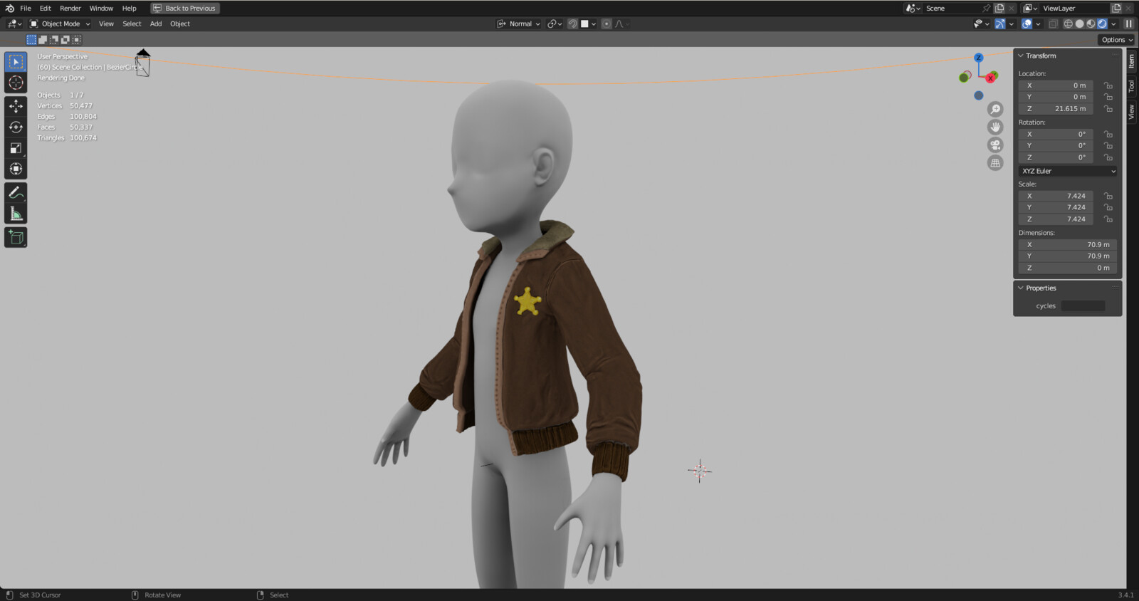 Front view of high poly model of the jacket.