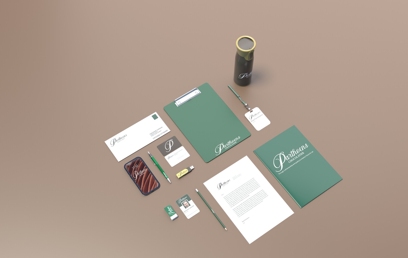 Stationary showing off all the different materials and promotional items. Full 3D.