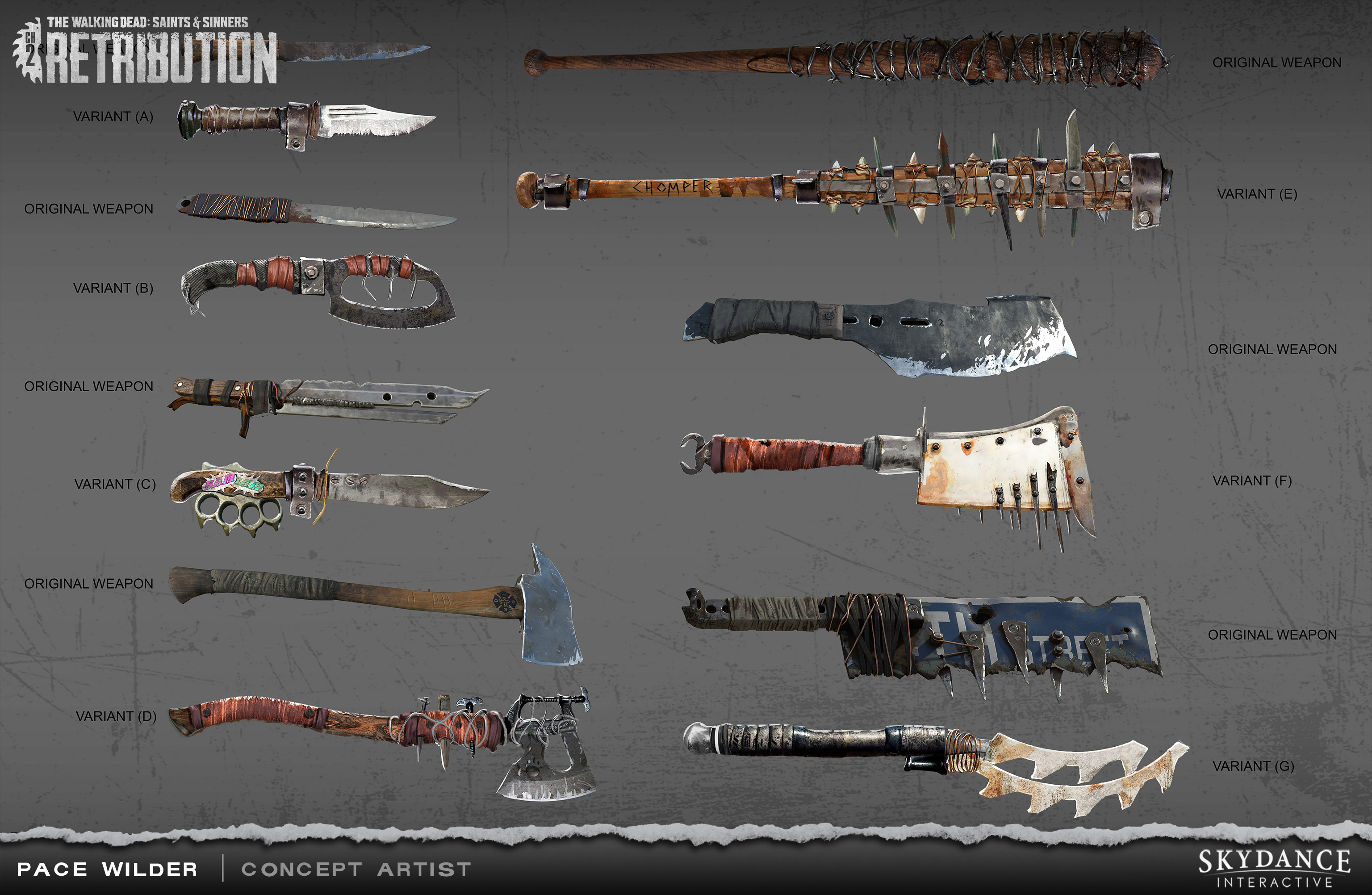 I was tasked to design the "Upgrade" for a series of melee weapons from Chapter 1. The "Original Weapon" is what I was given, the "Variant" is what I designed. Each one had to fit similar specifications in terms of animation, size, and functionality.