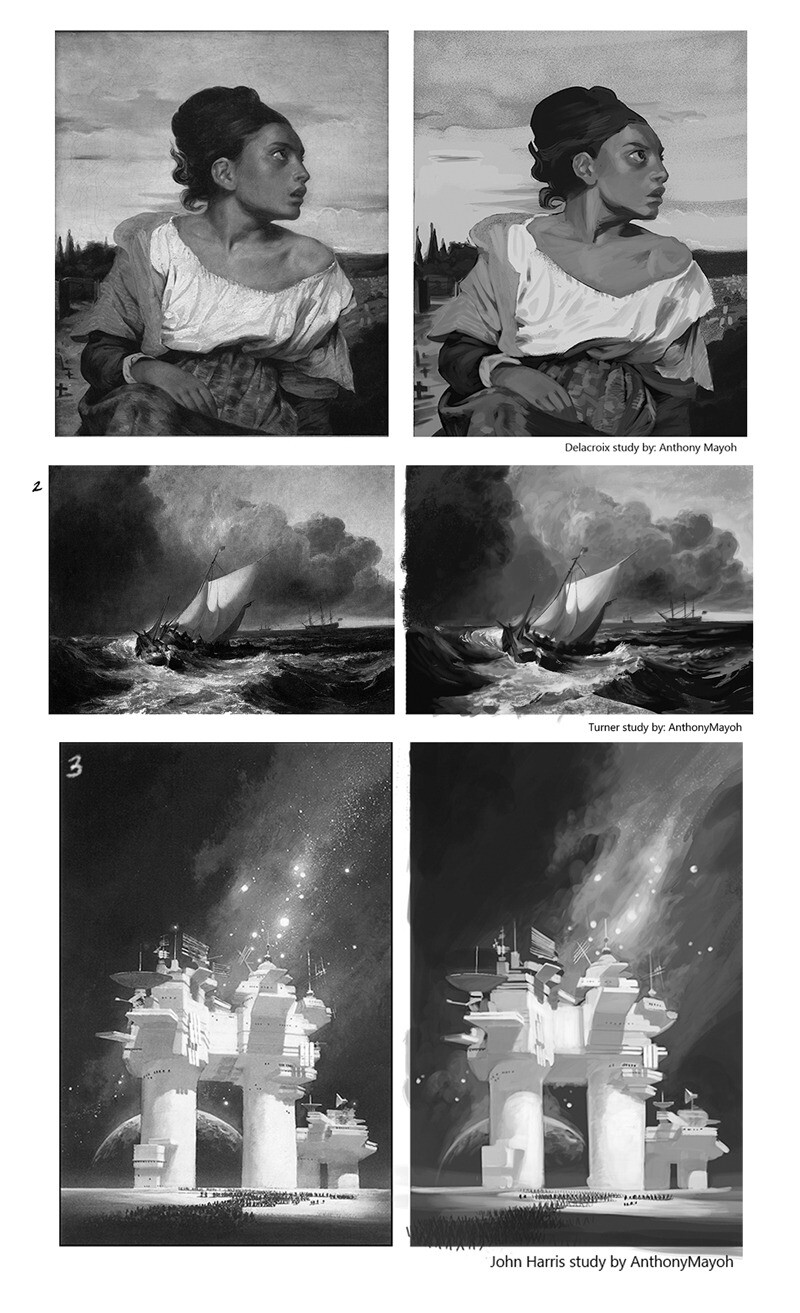 Delacroix's "Orphan Girl at the Cemetary" (top), Turner's "Dutch Boats in a Gale" (middle), John Harris' "A Million Open Doors" (bottom)