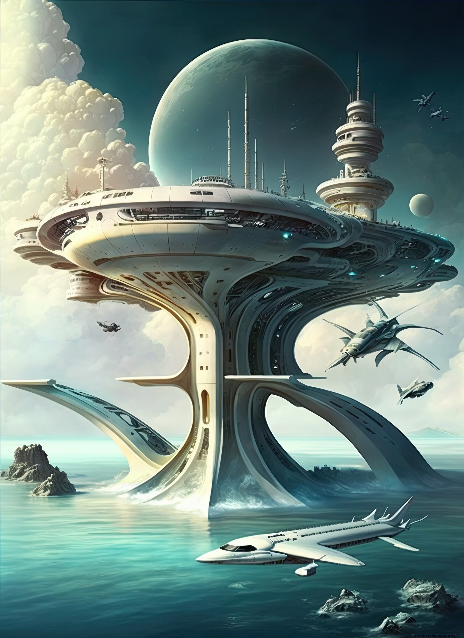 massive realistic alien space warship in orbit,, Midjourney